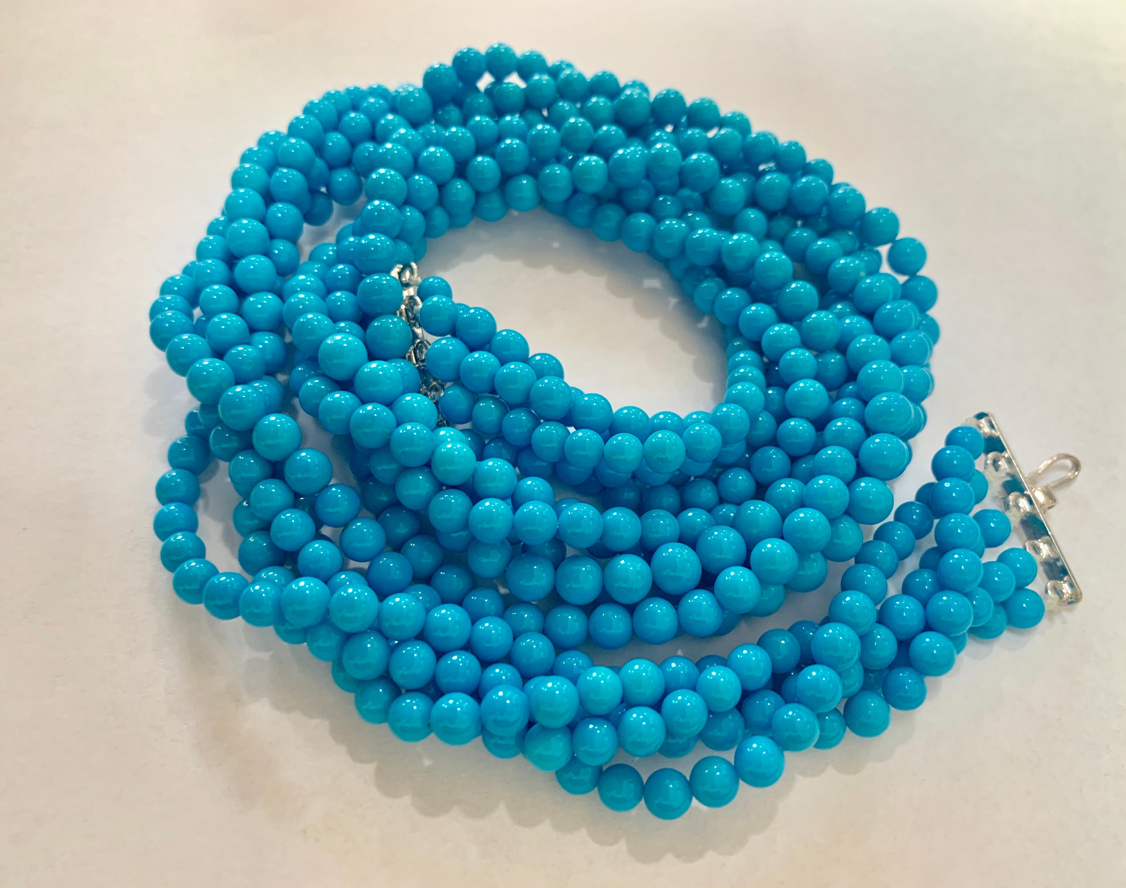 465 Carat Natural Sleeping Beauty Turquoise Necklace, Multi Strand 18 Karat Gold For Sale 1
