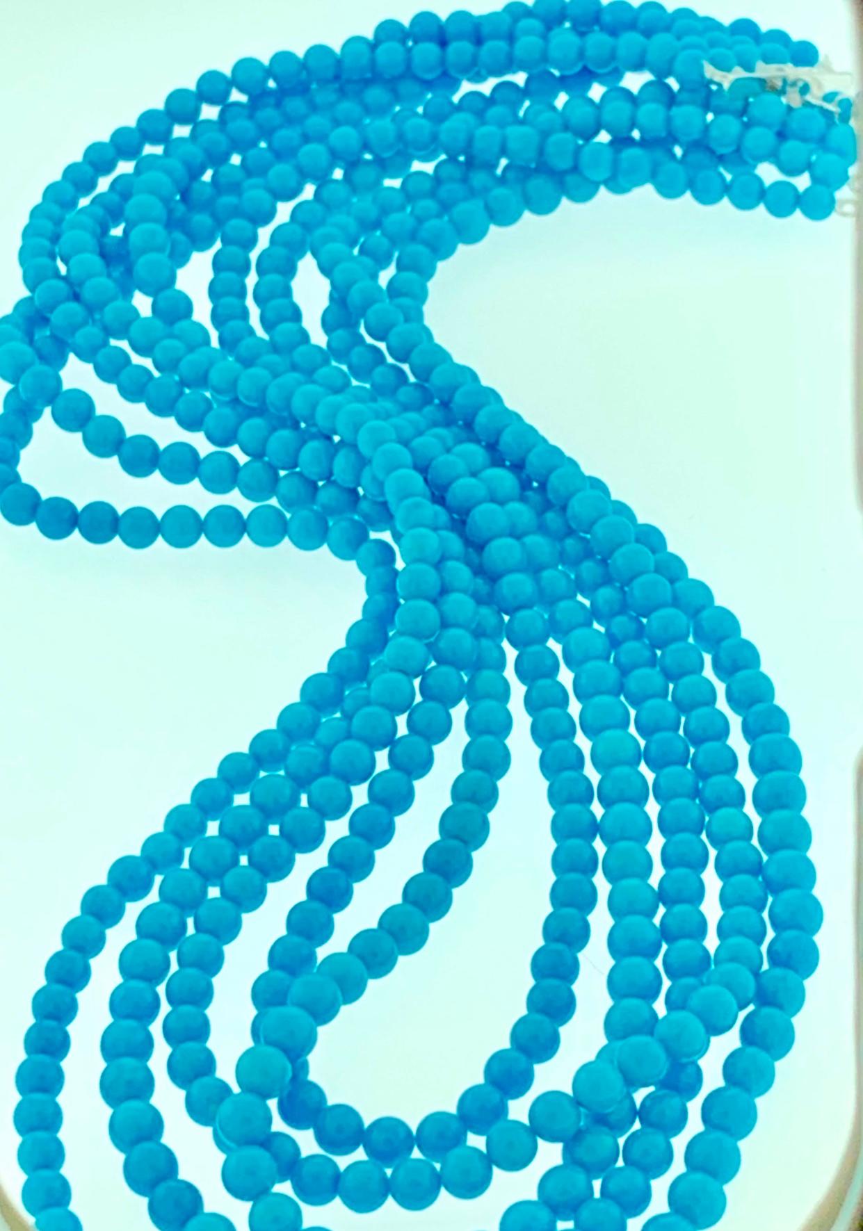 465 Carat Natural Sleeping Beauty Turquoise Necklace, Multi Strand 18 Karat Gold For Sale 2