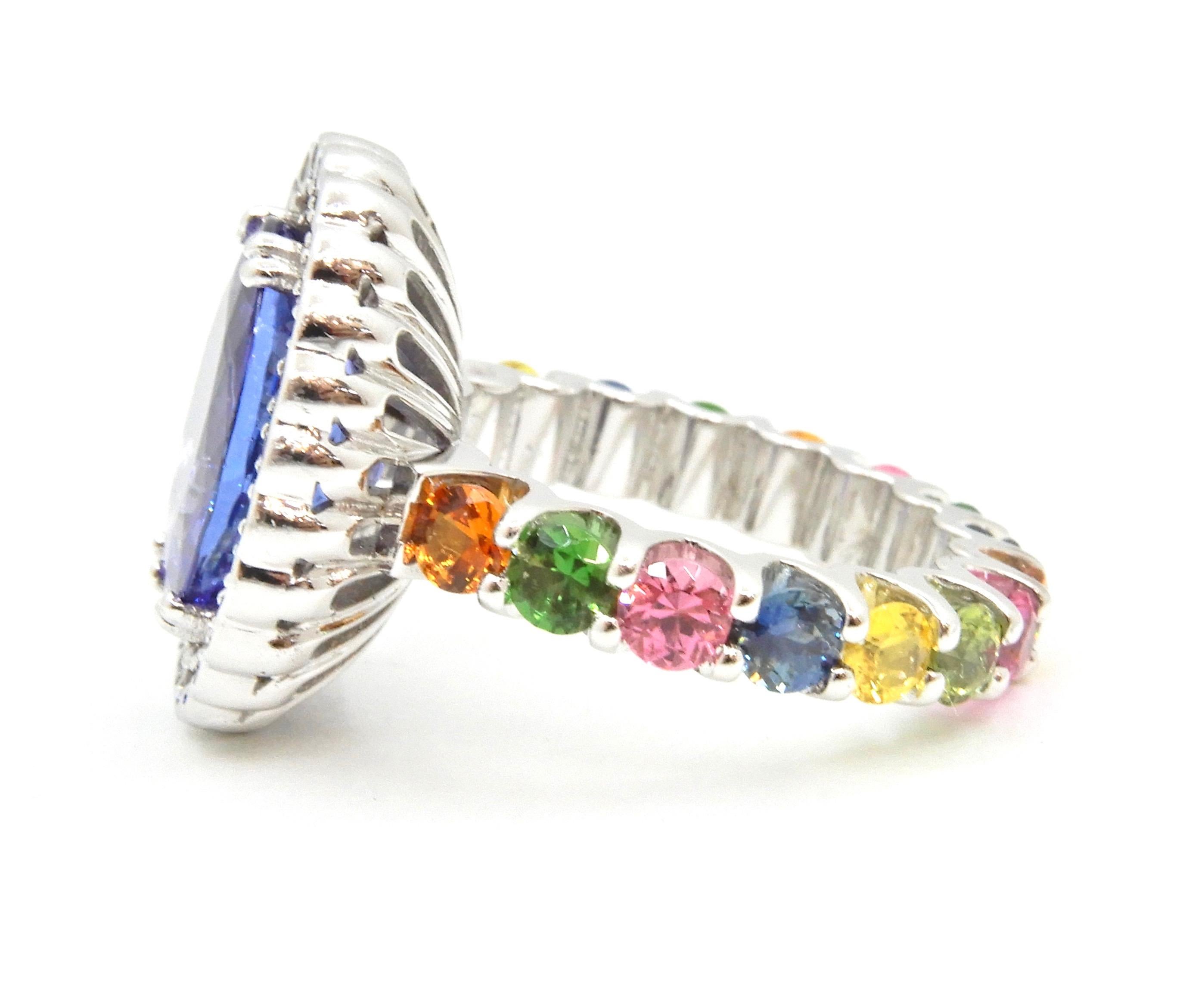 4.65 Carat Oval Tanzanite Diamond and Rainbow Gemstone Cocktail Ring For Sale 3