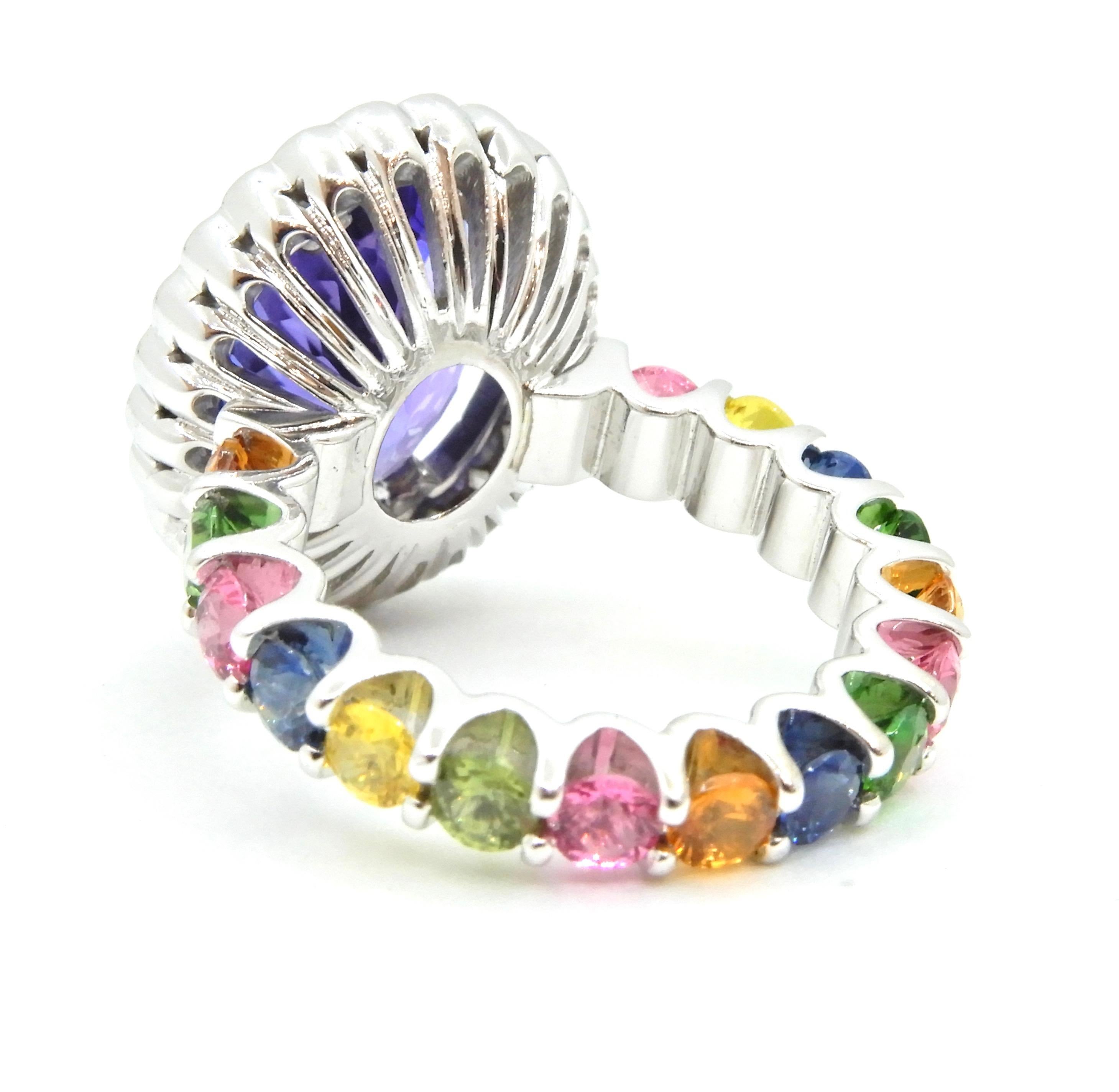 4.65 Carat Oval Tanzanite Diamond and Rainbow Gemstone Cocktail Ring For Sale 5