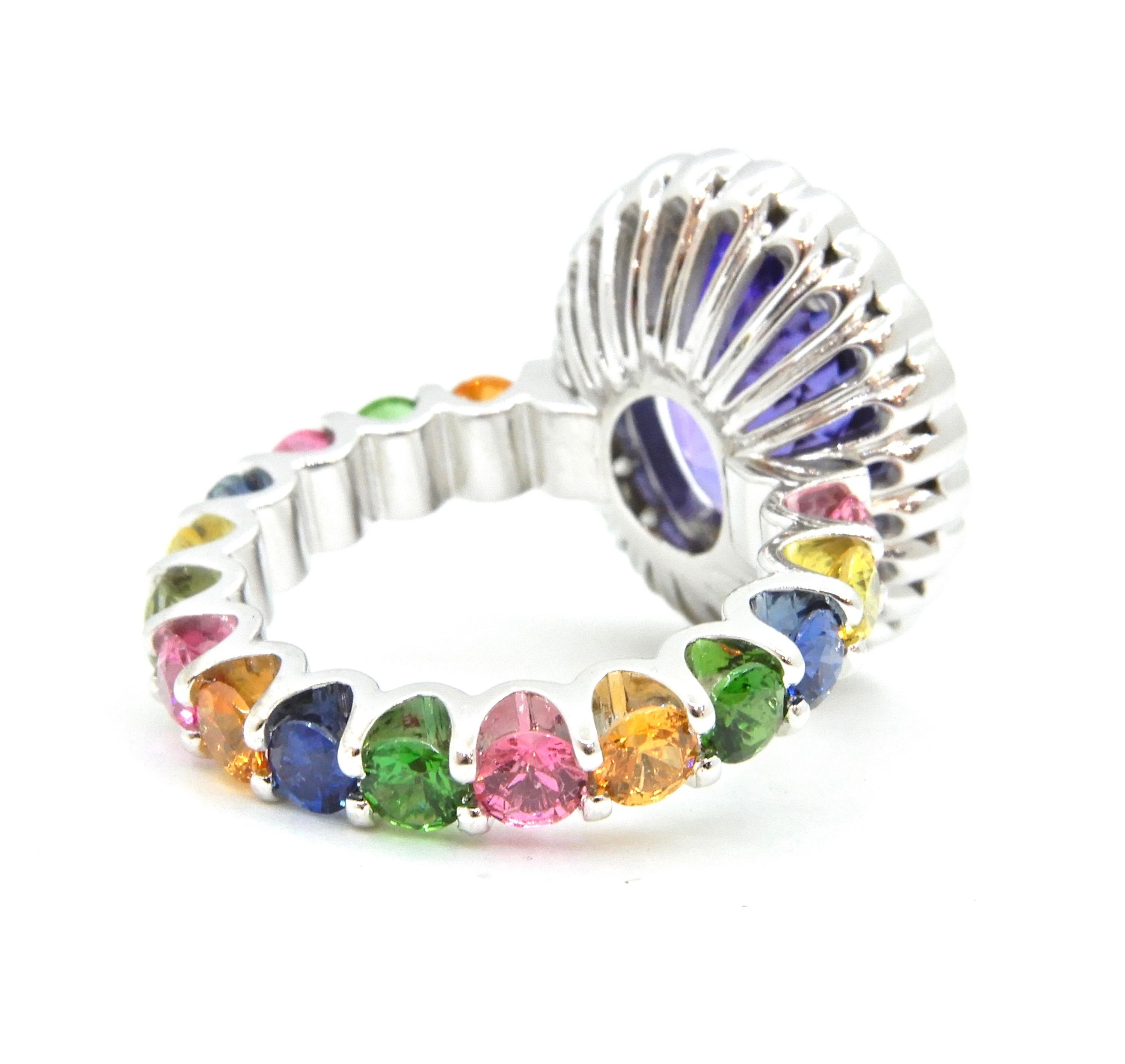 4.65 Carat Oval Tanzanite Diamond and Rainbow Gemstone Cocktail Ring For Sale 6