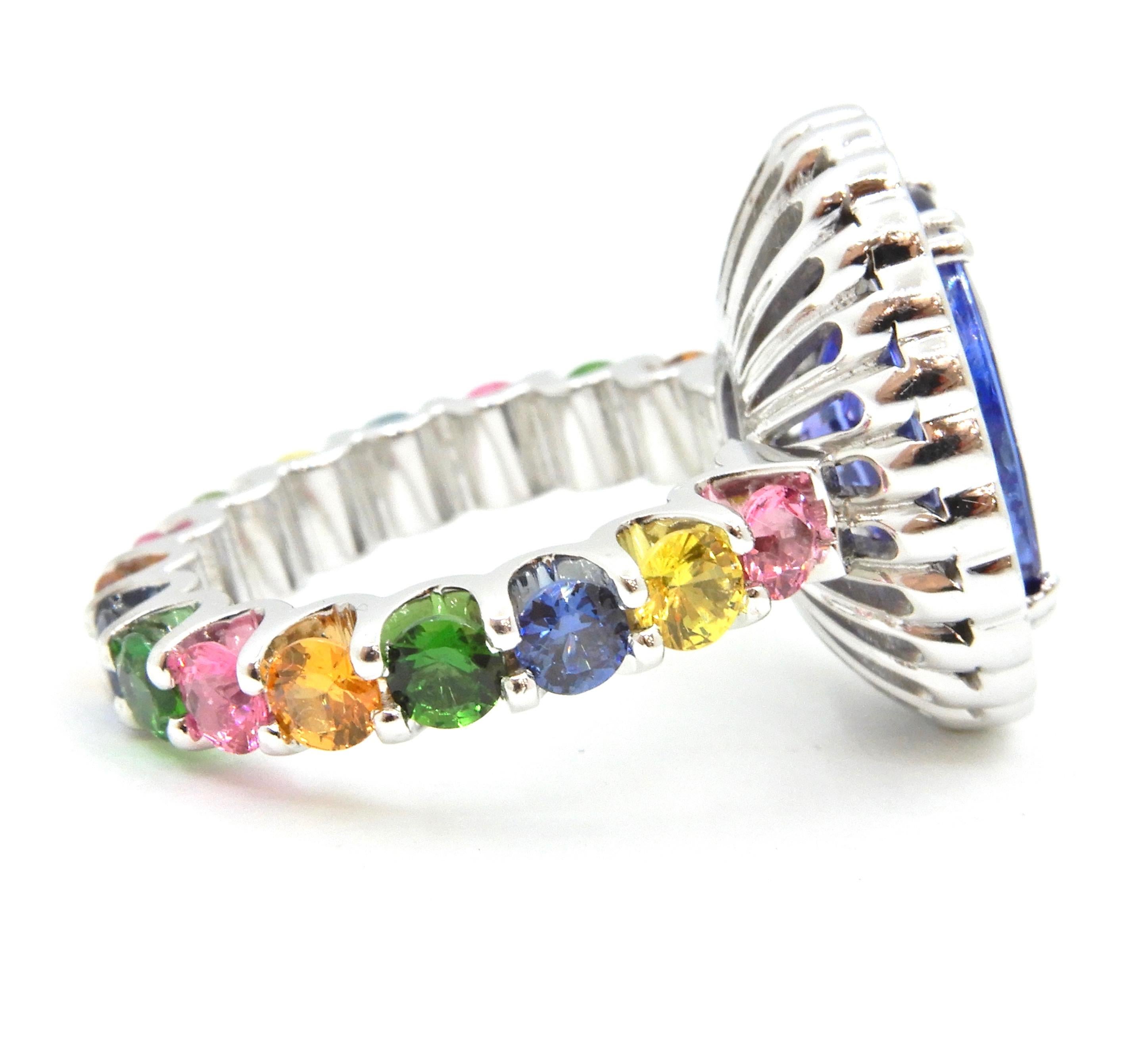 4.65 Carat Oval Tanzanite Diamond and Rainbow Gemstone Cocktail Ring For Sale 7