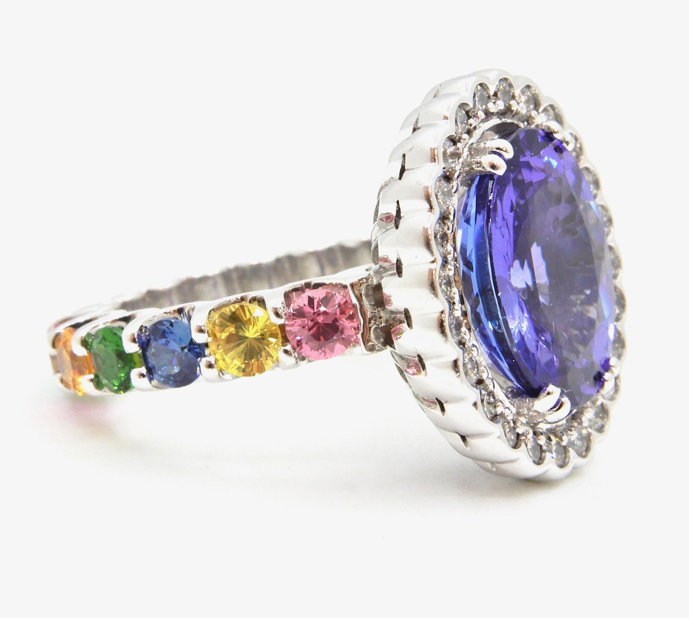4.65 Carat Oval Tanzanite Diamond and Rainbow Gemstone Cocktail Ring For Sale 8