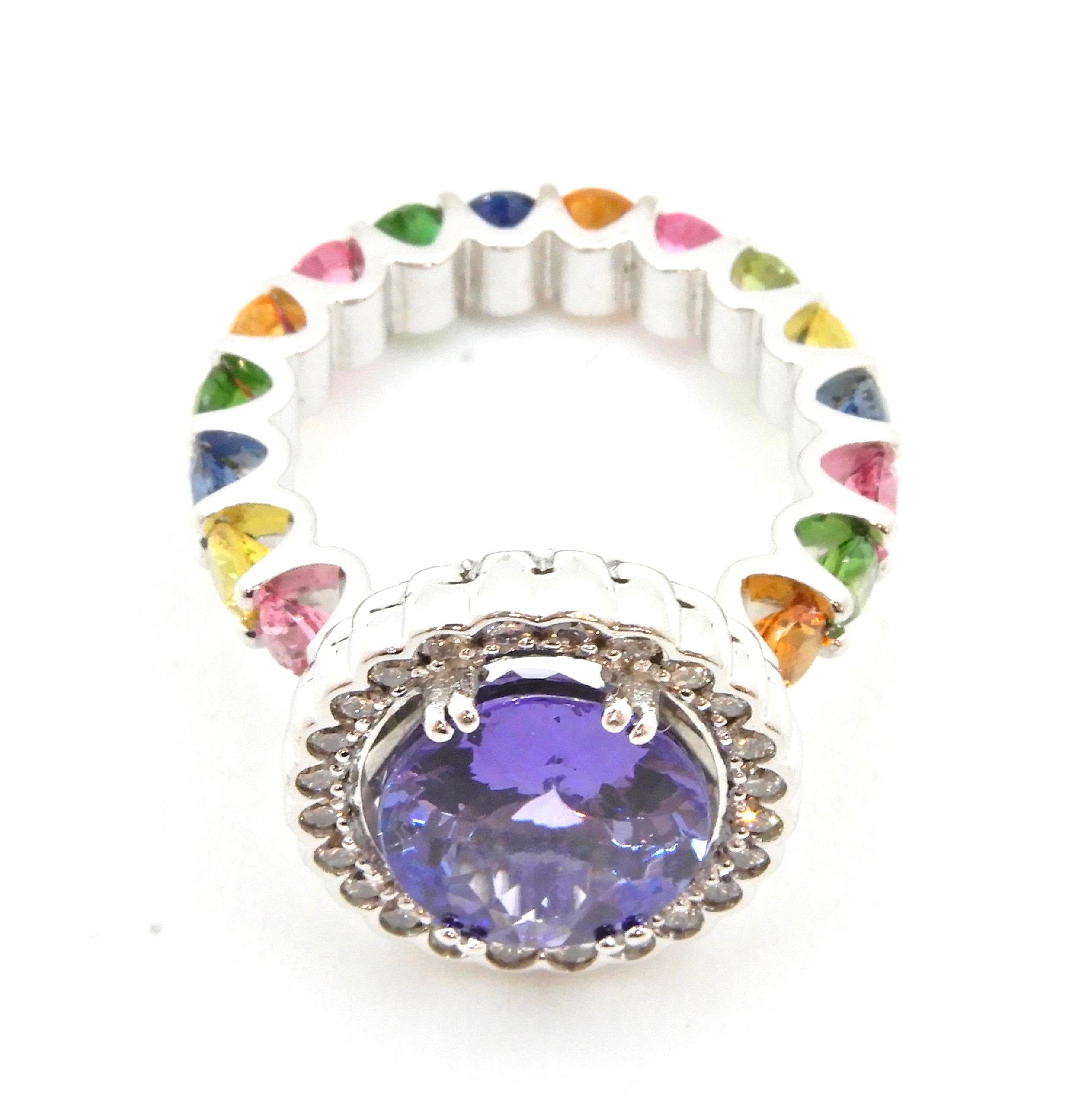 4.65 Carat Oval Tanzanite Diamond and Rainbow Gemstone Cocktail Ring For Sale 9