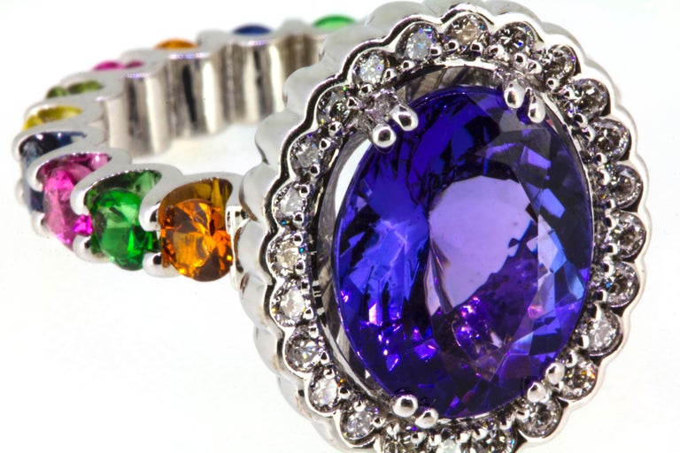 4 65 Carat Oval Tanzanite Diamond And Rainbow Gemstone Cocktail Ring For Sale At 1stdibs