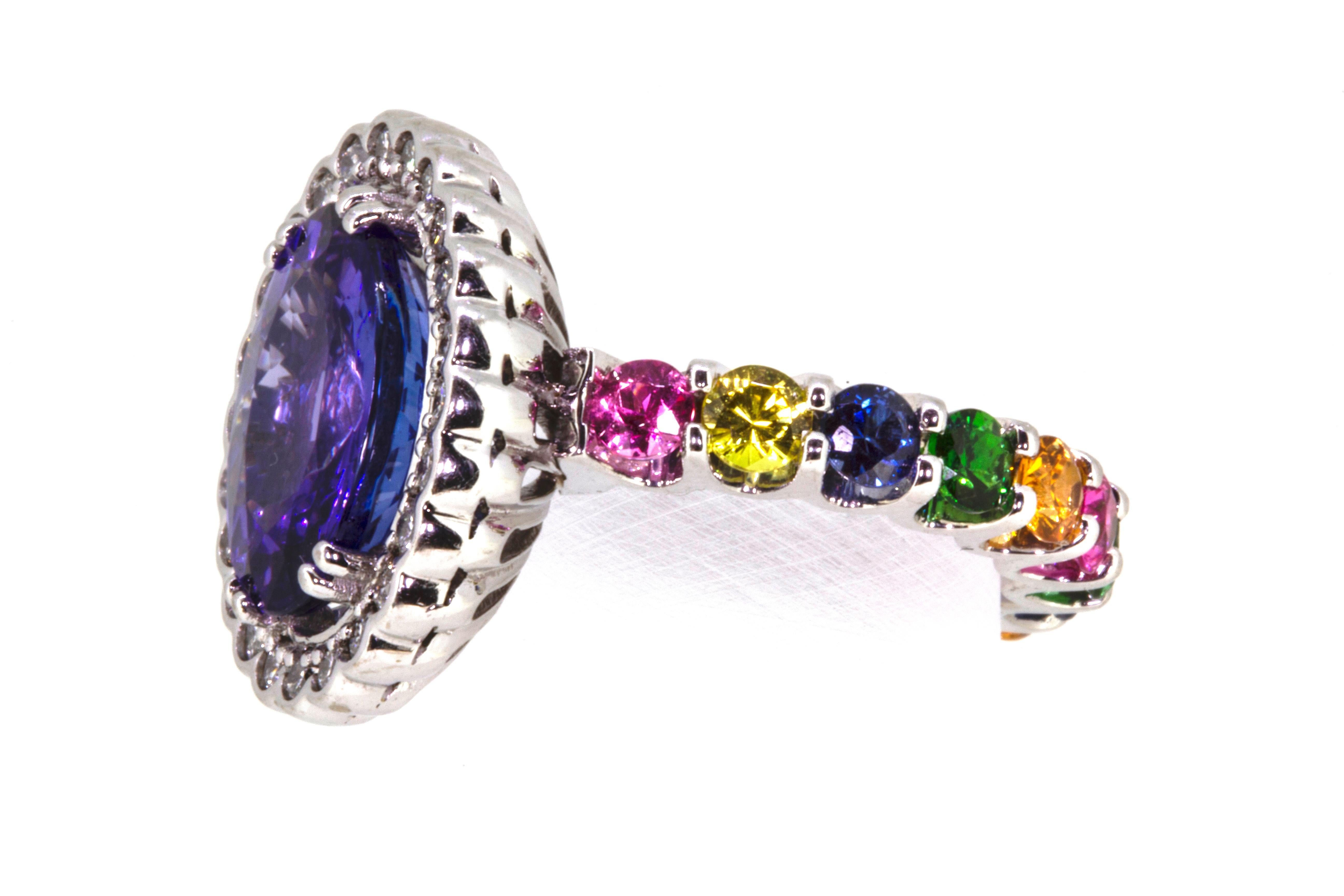 4.65 Carat Oval Tanzanite Diamond and Rainbow Gemstone Cocktail Ring In Excellent Condition For Sale In Brisbane, QLD