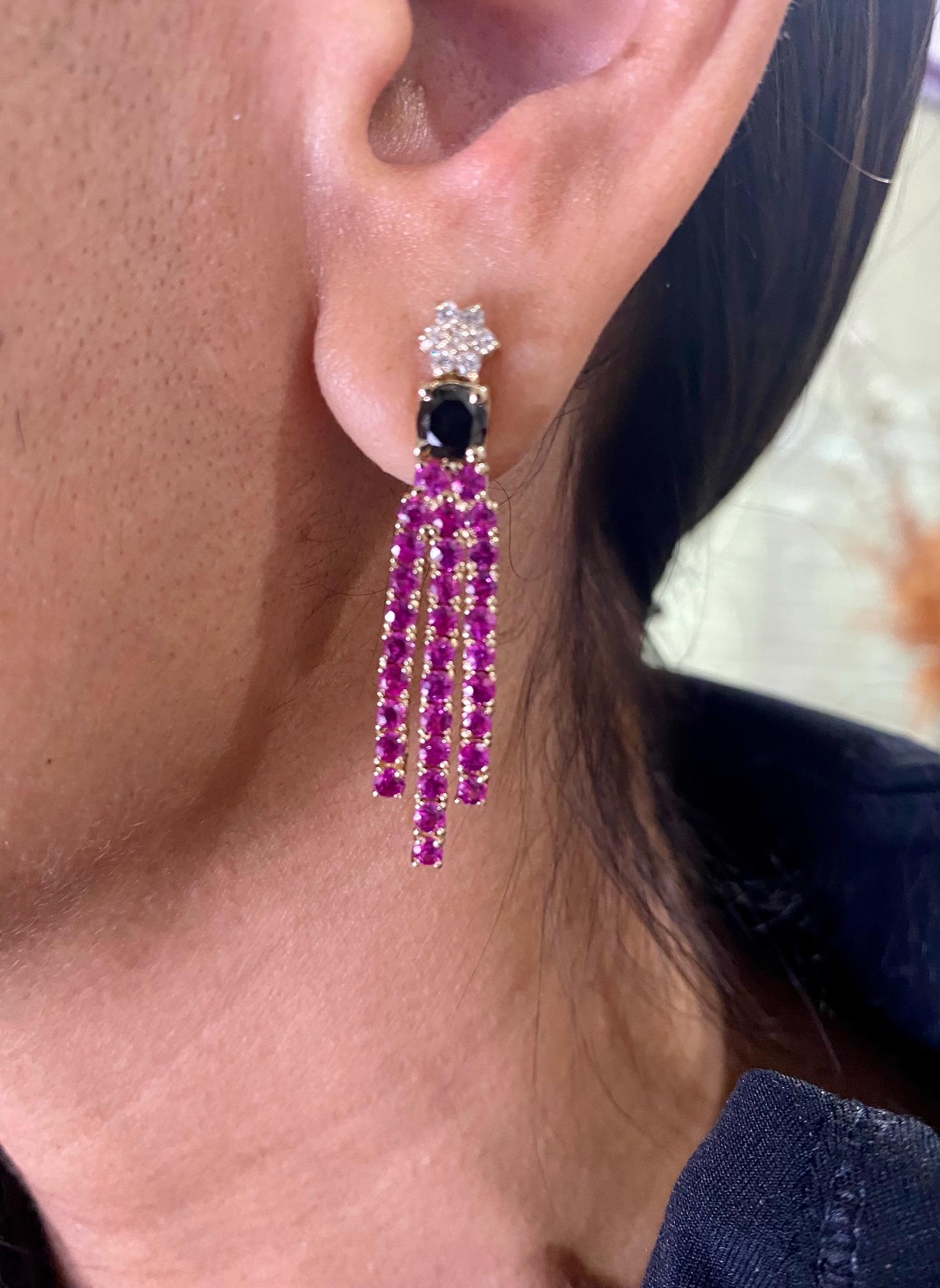 4.65 Carat Black Diamond Pink Sapphire 14 Karat Yellow Gold Earrings In New Condition For Sale In Los Angeles, CA