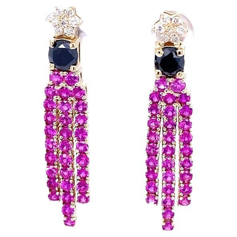 Black Diamond Pink Sapphire 14 Karat Yellow Gold Earrings For Sale at