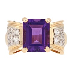 4.65 Carat Rectangle Cut Amethyst and Diamond Ring, 14 Karat Yellow Gold