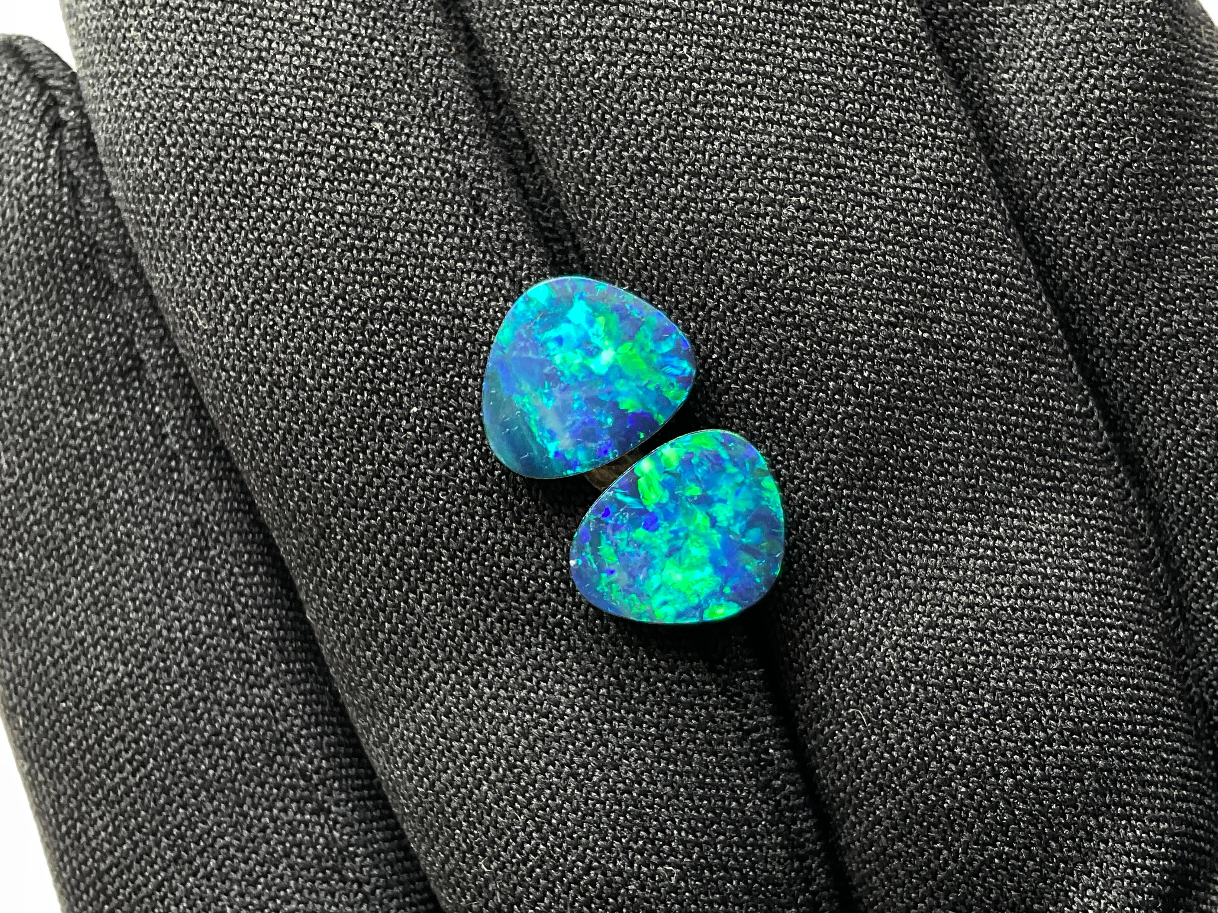 4.65 Carats Australian Opal Pair Royal Green Flash with blue play of color Gem For Sale 5