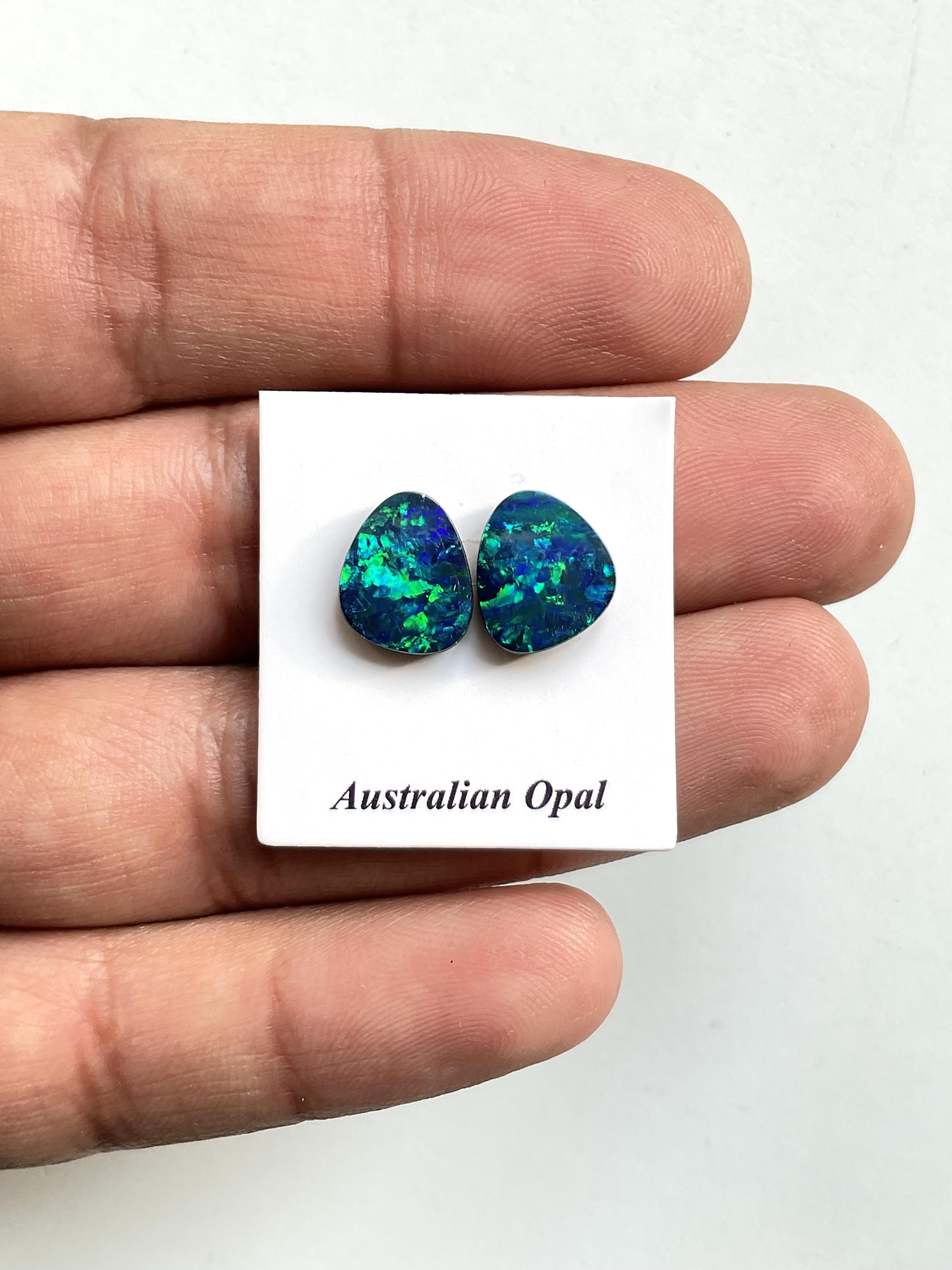 Uncut 4.65 Carats Australian Opal Pair Royal Green Flash with blue play of color Gem For Sale