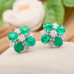 4.65 ct Natural Cushion Emerald and Diamond Quatrefoil Earrings, 18K White Gold