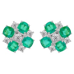 4.65 ct Natural Cushion Emerald and Diamond Quatrefoil Earrings, 18K White Gold