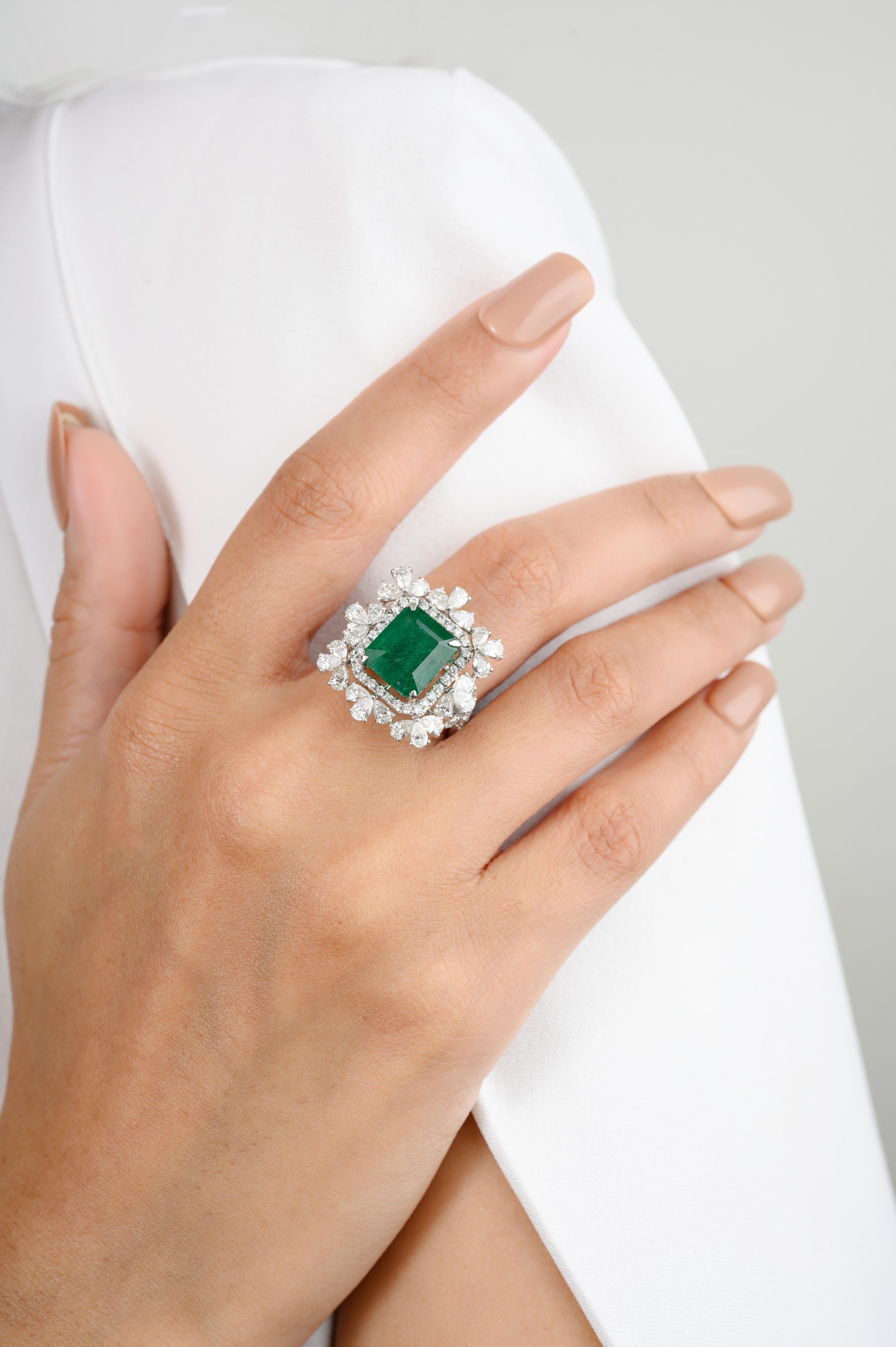 For Sale:  4.65 CTW Regal Emerald Diamond Halo Cocktail Wedding Ring in 18k White Gold 4