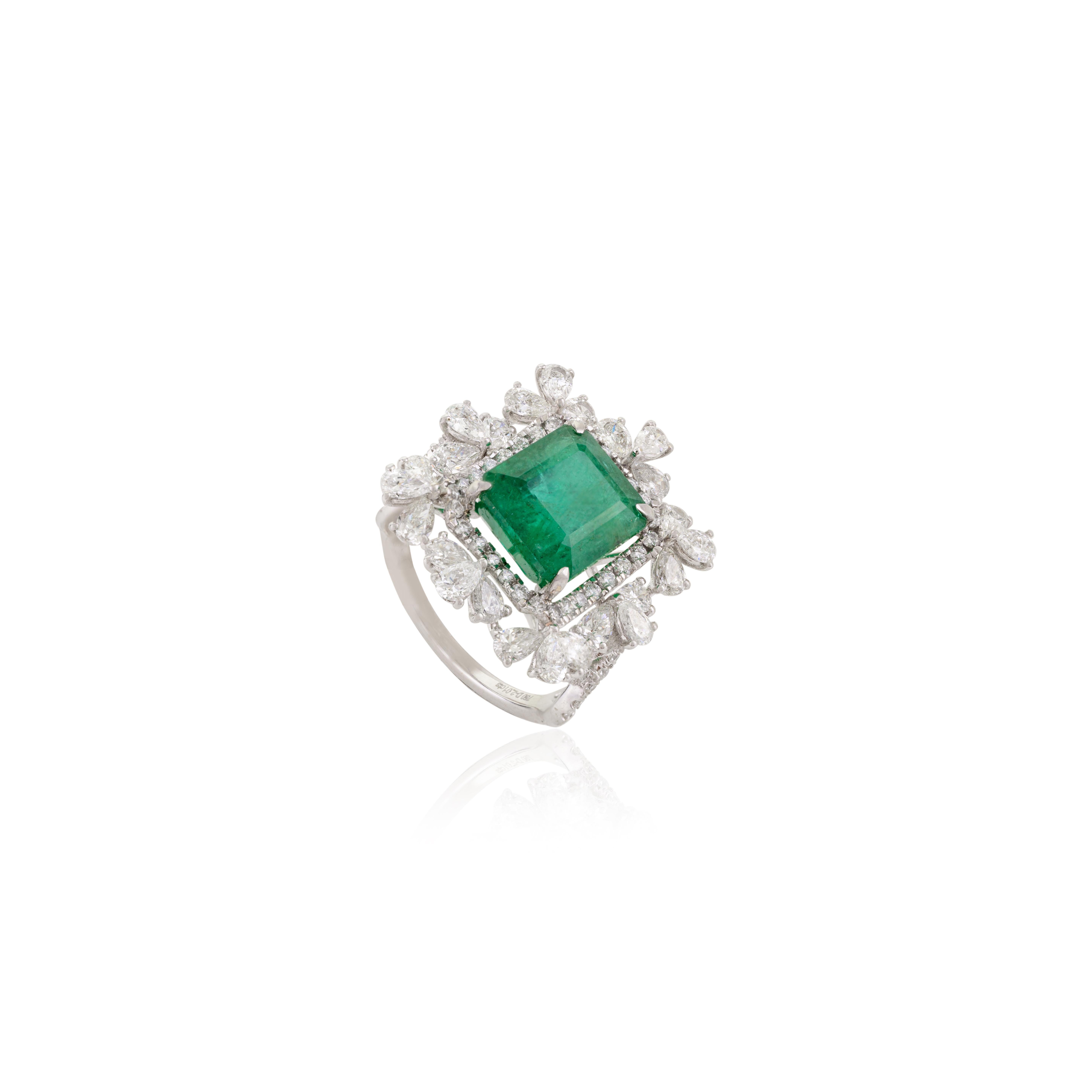 For Sale:  4.65 CTW Regal Emerald Diamond Halo Cocktail Wedding Ring in 18k White Gold 5