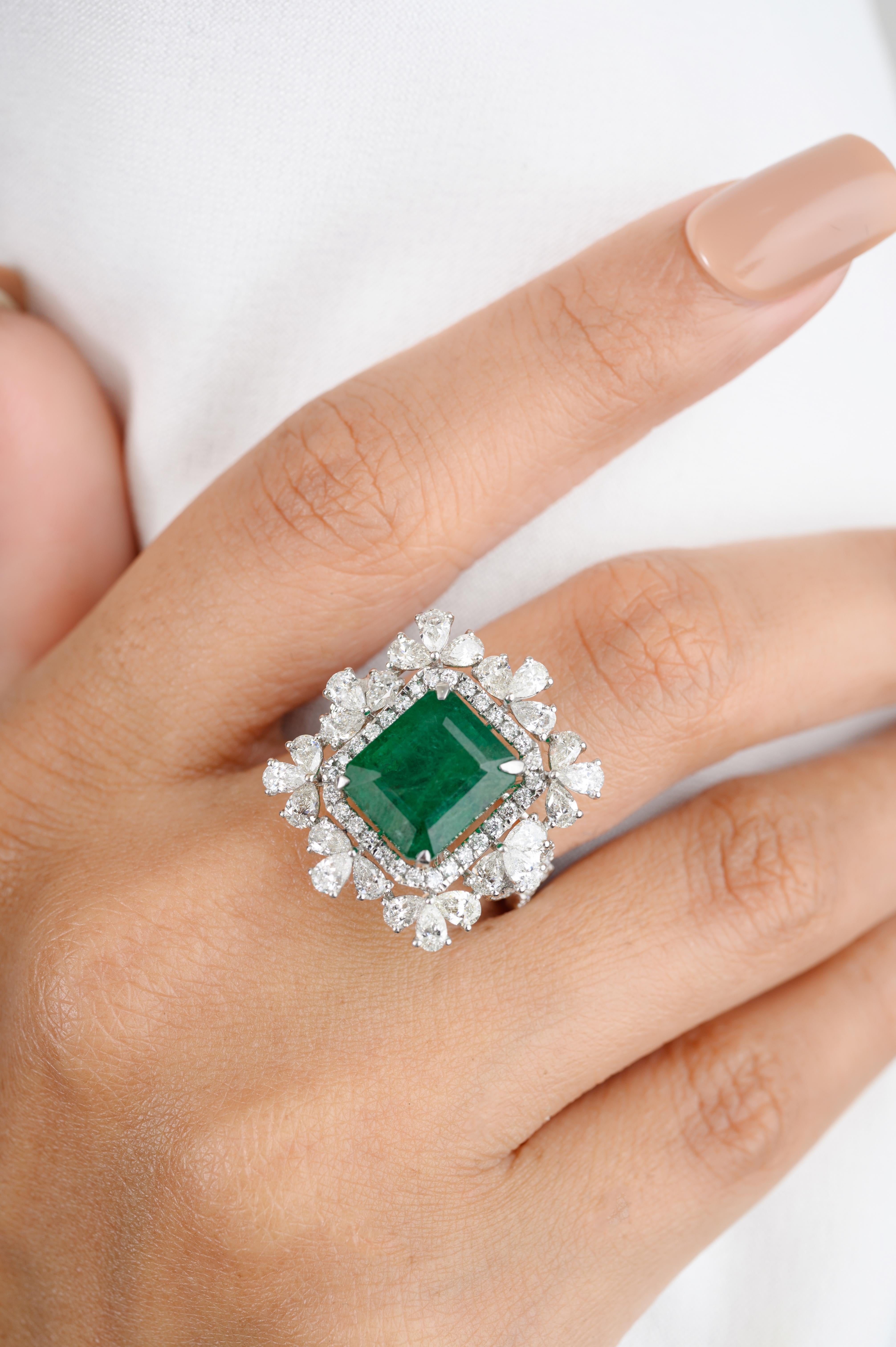 For Sale:  4.65 CTW Regal Emerald Diamond Halo Cocktail Wedding Ring in 18k White Gold 6