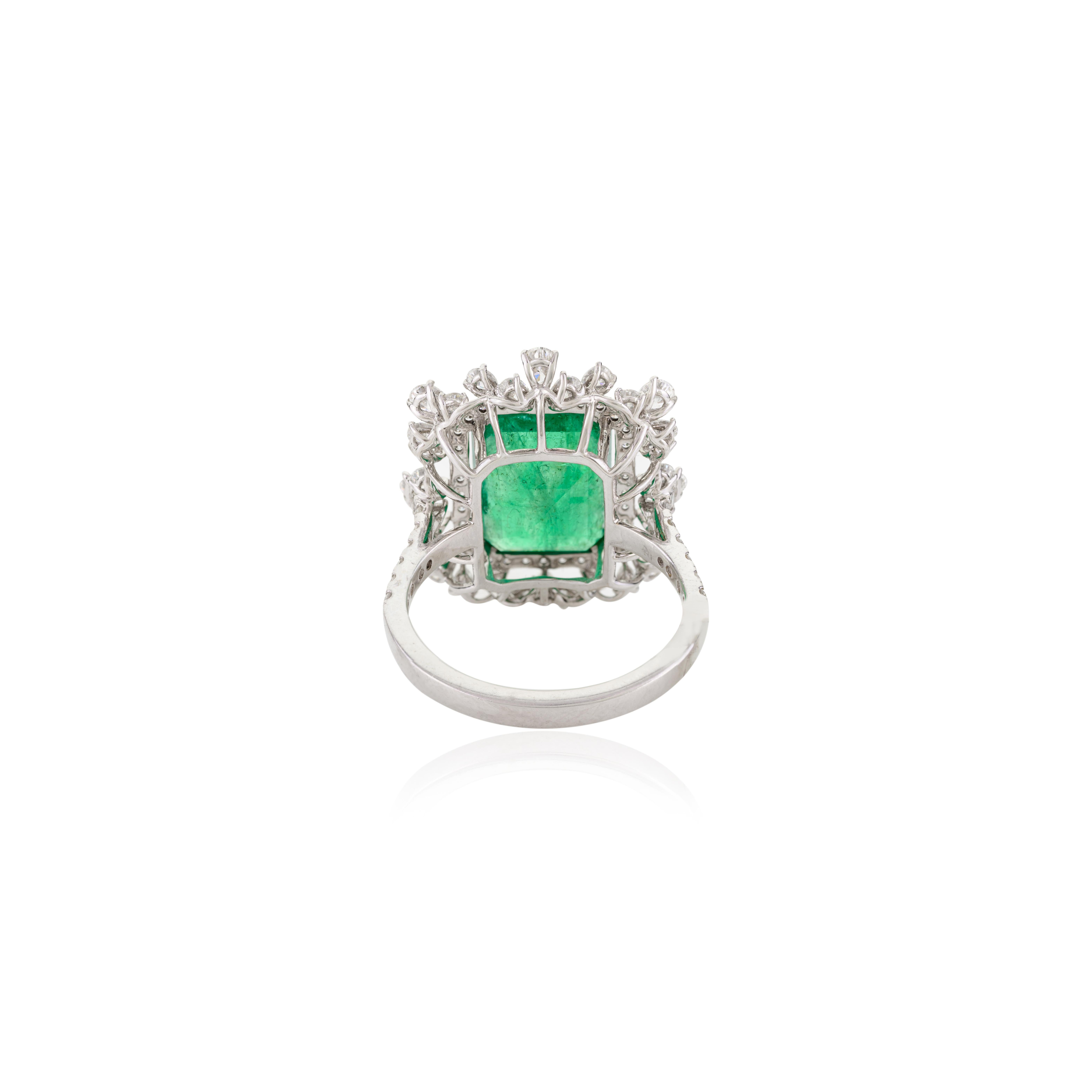 For Sale:  4.65 CTW Regal Emerald Diamond Halo Cocktail Wedding Ring in 18k White Gold 7