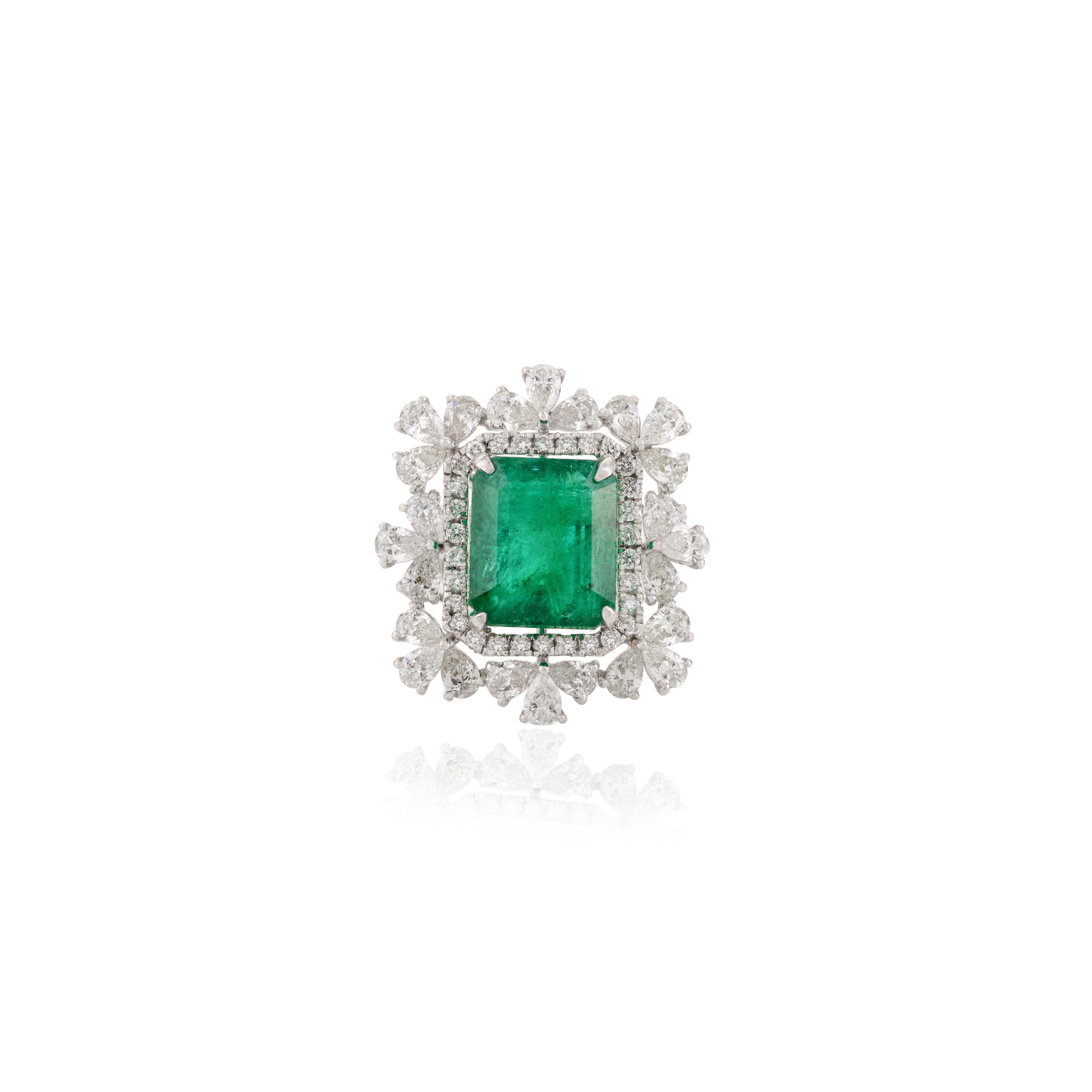 For Sale:  4.65 CTW Regal Emerald Diamond Halo Cocktail Wedding Ring in 18k White Gold 8