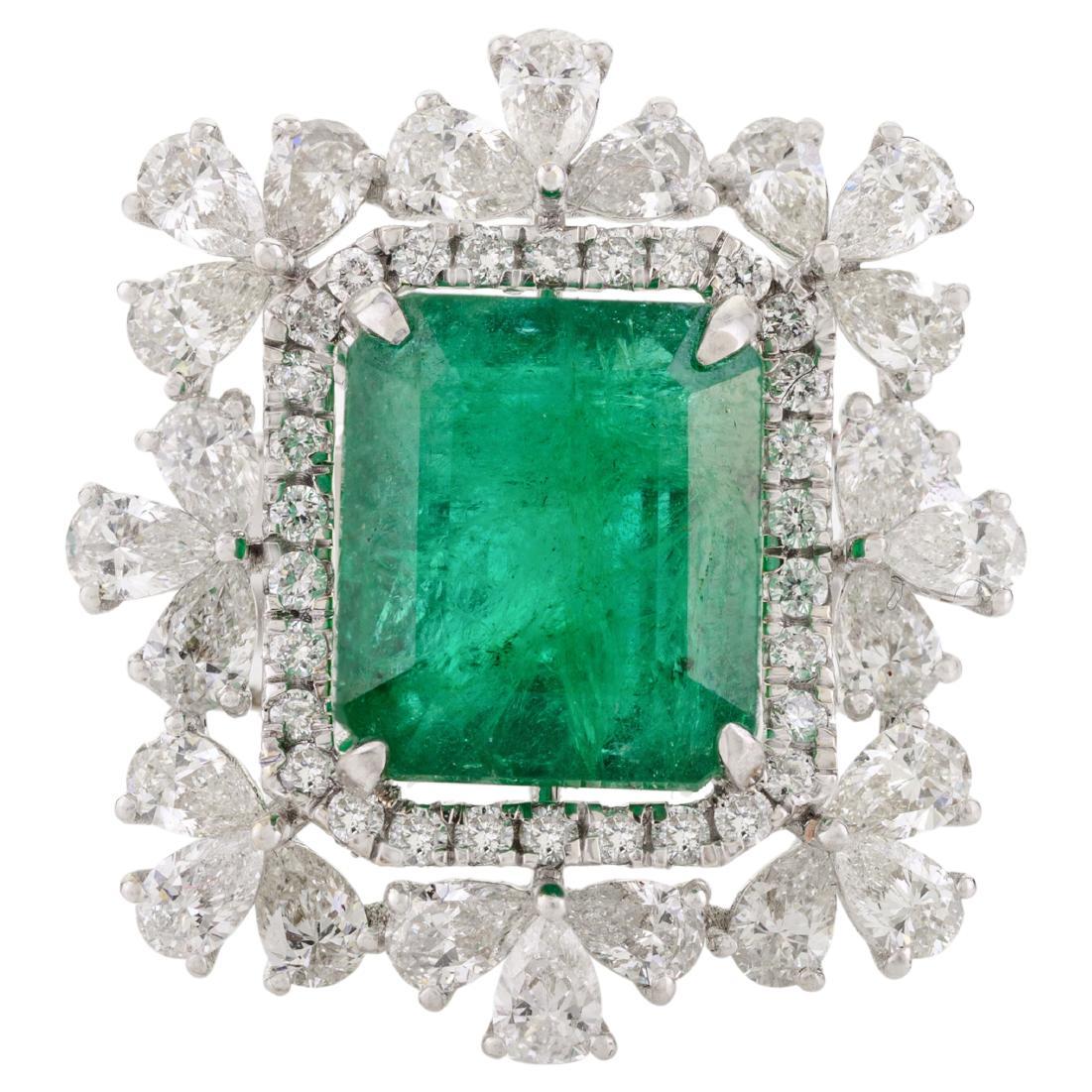 For Sale:  4.65 CTW Regal Emerald Diamond Halo Cocktail Wedding Ring in 18k White Gold