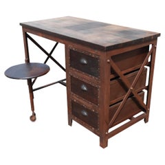 Vintage Industrial Desk with Attached Stool