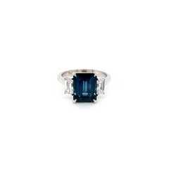 4.65 Total Carat Emerald Cut Sapphire and Diamond Three-Stone Ladies Ring, GIA