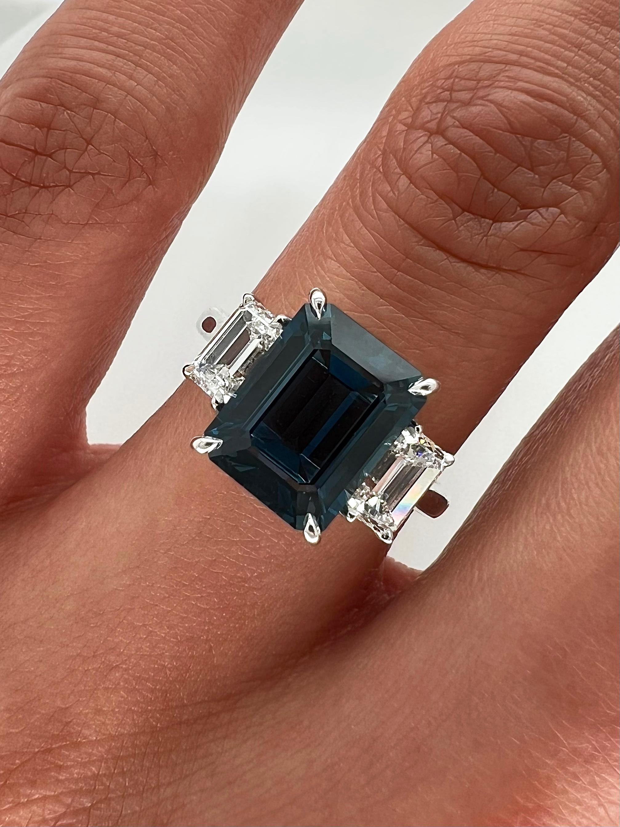 4.65 Total Carat Emerald Cut Sapphire and Diamond Three-Stone Ladies Ring, GIA In New Condition For Sale In New York, NY