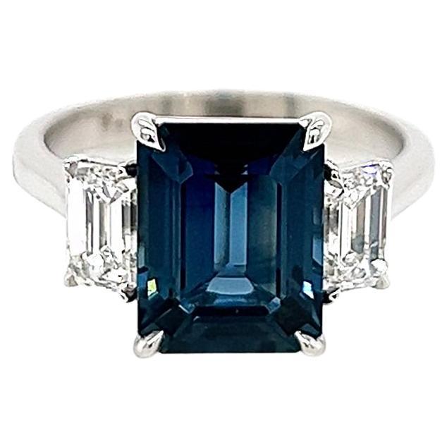 4.65 Total Carat Emerald Cut Sapphire and Diamond Three-Stone Ladies Ring, GIA For Sale