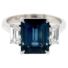 4.65 Total Carat Emerald Cut Sapphire and Diamond Three-Stone Ladies Ring, GIA