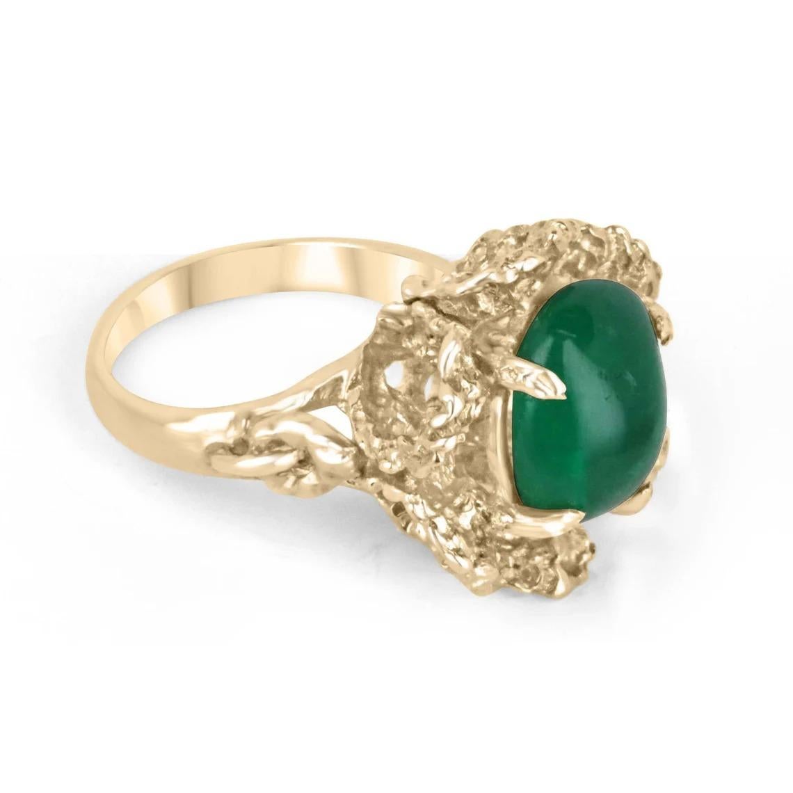 Presenting a breathtaking solitaire women's ring adorned with a magnificent 4.65-carat sugarloaf cabochon emerald at its core. The emerald, boasting a dark green hue and displaying very good luster, takes center stage, captivating all who behold it.