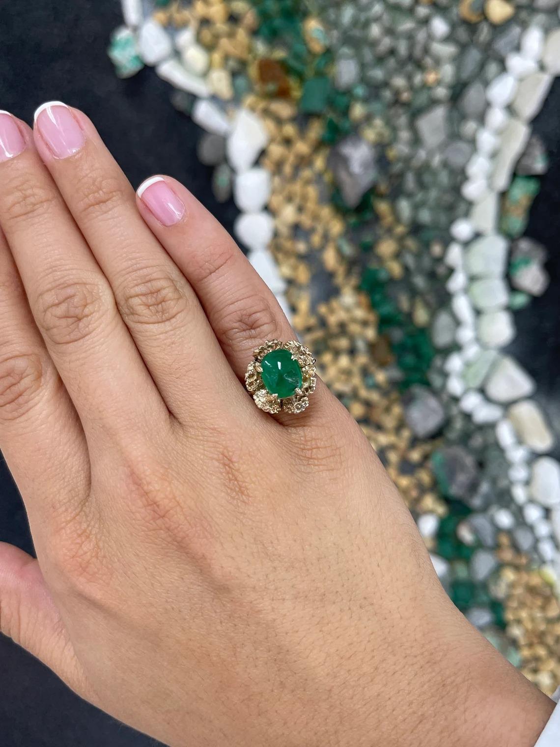4.65ct 14K Natural Dark Green Sugarloaf Cabochon Cut Emerald Solitaire Gold Ring In New Condition For Sale In Jupiter, FL