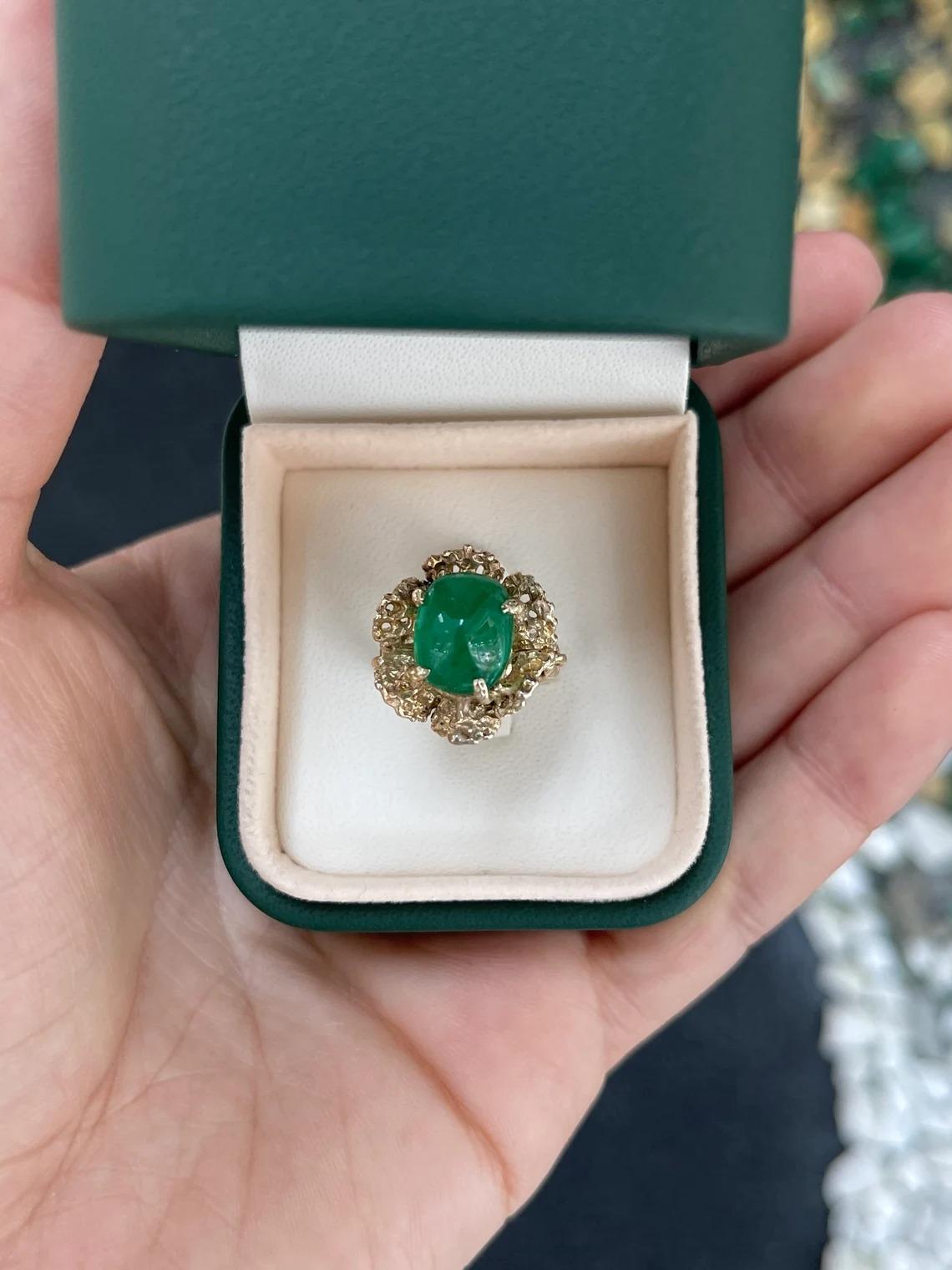 4.65ct 14K Natural Dark Green Sugarloaf Cabochon Cut Emerald Solitaire Gold Ring For Sale 2