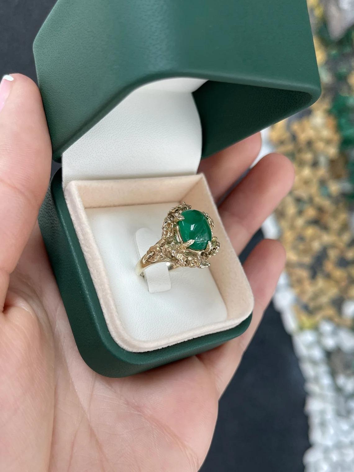 4.65ct 14K Natural Dark Green Sugarloaf Cabochon Cut Emerald Solitaire Gold Ring For Sale 3