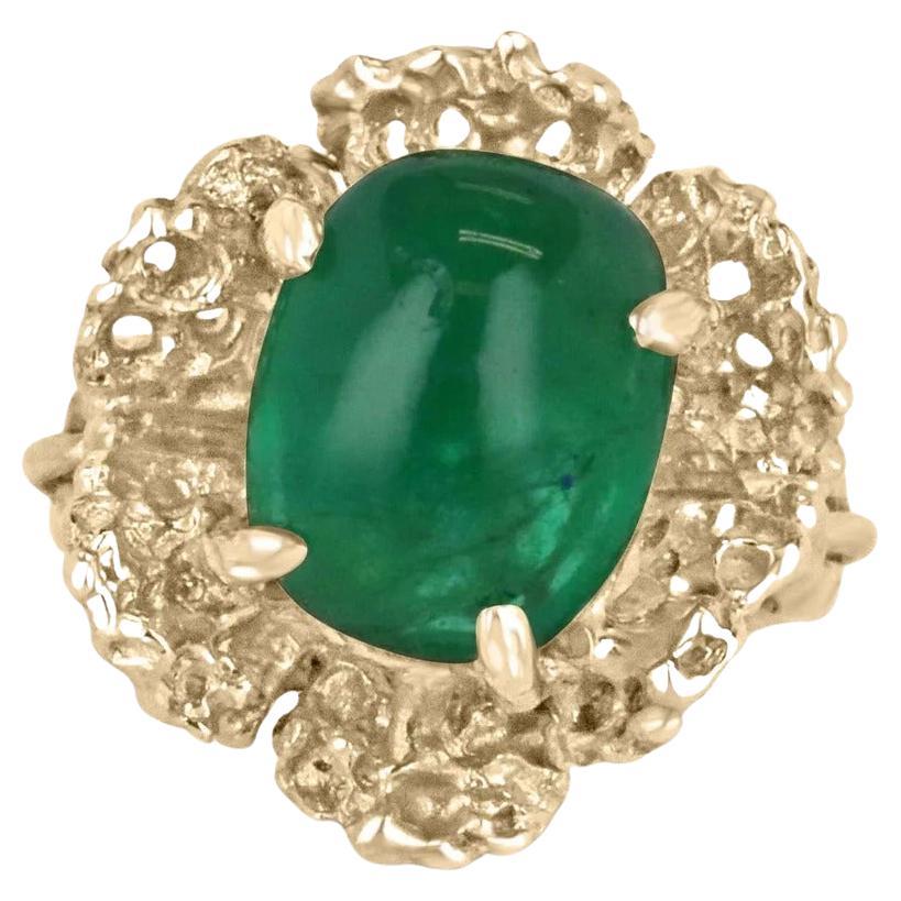 4.65ct 14K naturel vert foncé Sugarloaf Cabochon Cut Emerald Solitaire Gold Ring