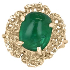 4.65ct 14K naturel vert foncé Sugarloaf Cabochon Cut Emerald Solitaire Gold Ring