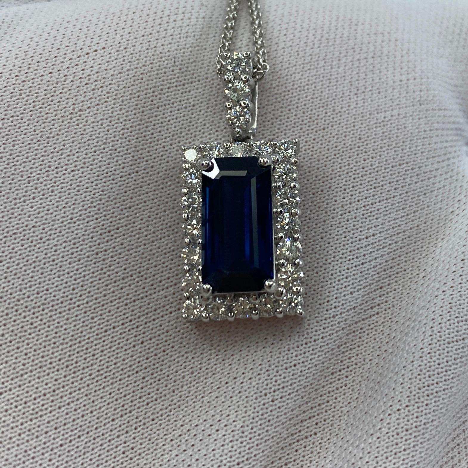 4.65ct Fine Royal Blue Emerald Cut Sapphire & Diamond Rectangle Platinum Pendant For Sale 5