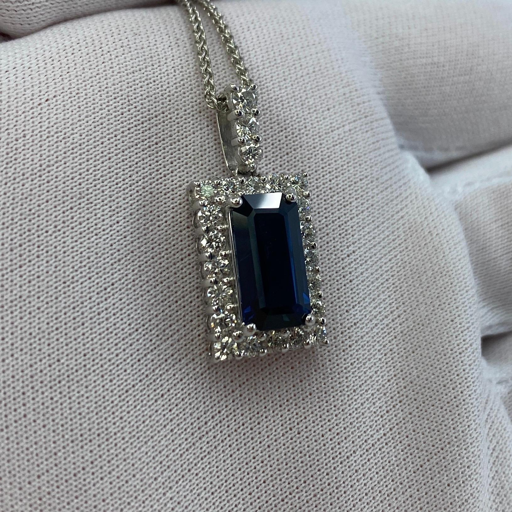 4.65ct Fine Royal Blue Emerald Cut Sapphire & Diamond Rectangle Platinum Pendant For Sale 12
