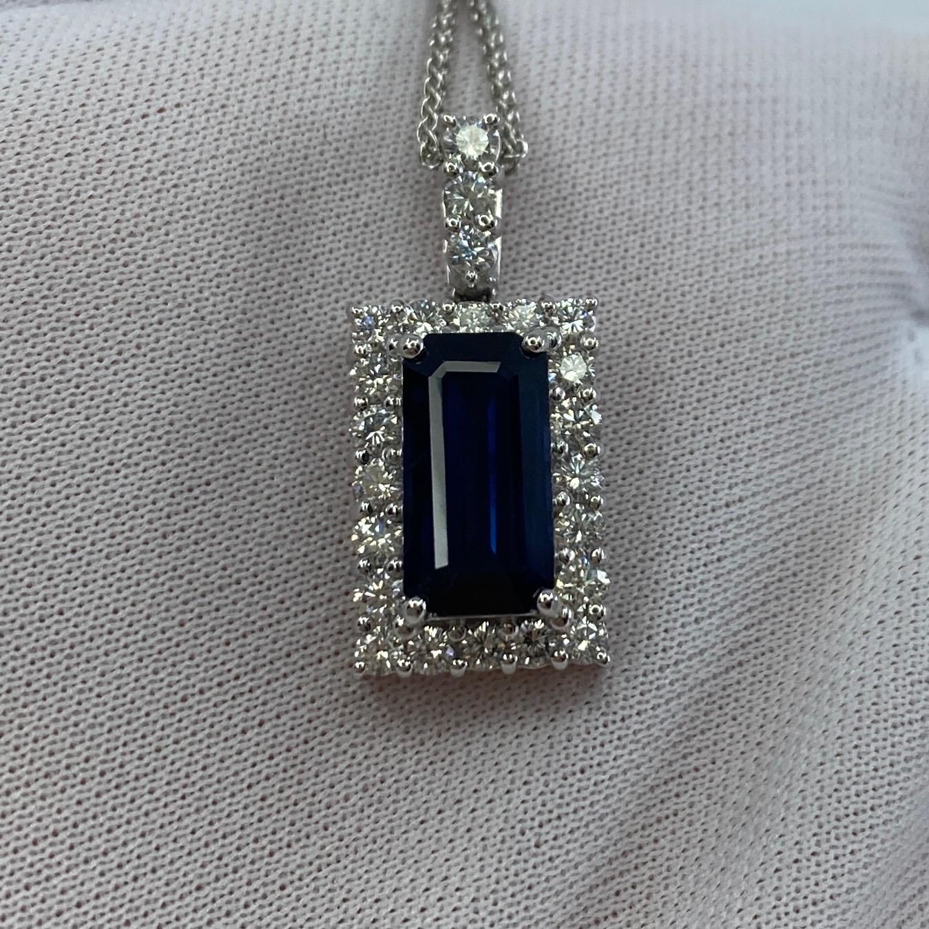 4.65ct Fine Royal Blue Emerald Cut Sapphire & Diamond Rectangle Platinum Pendant In Excellent Condition For Sale In Birmingham, GB