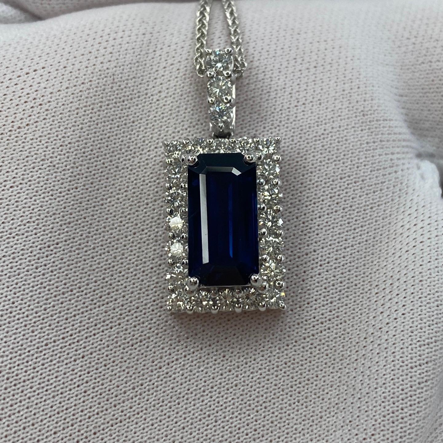 Women's or Men's 4.65ct Fine Royal Blue Emerald Cut Sapphire & Diamond Rectangle Platinum Pendant For Sale