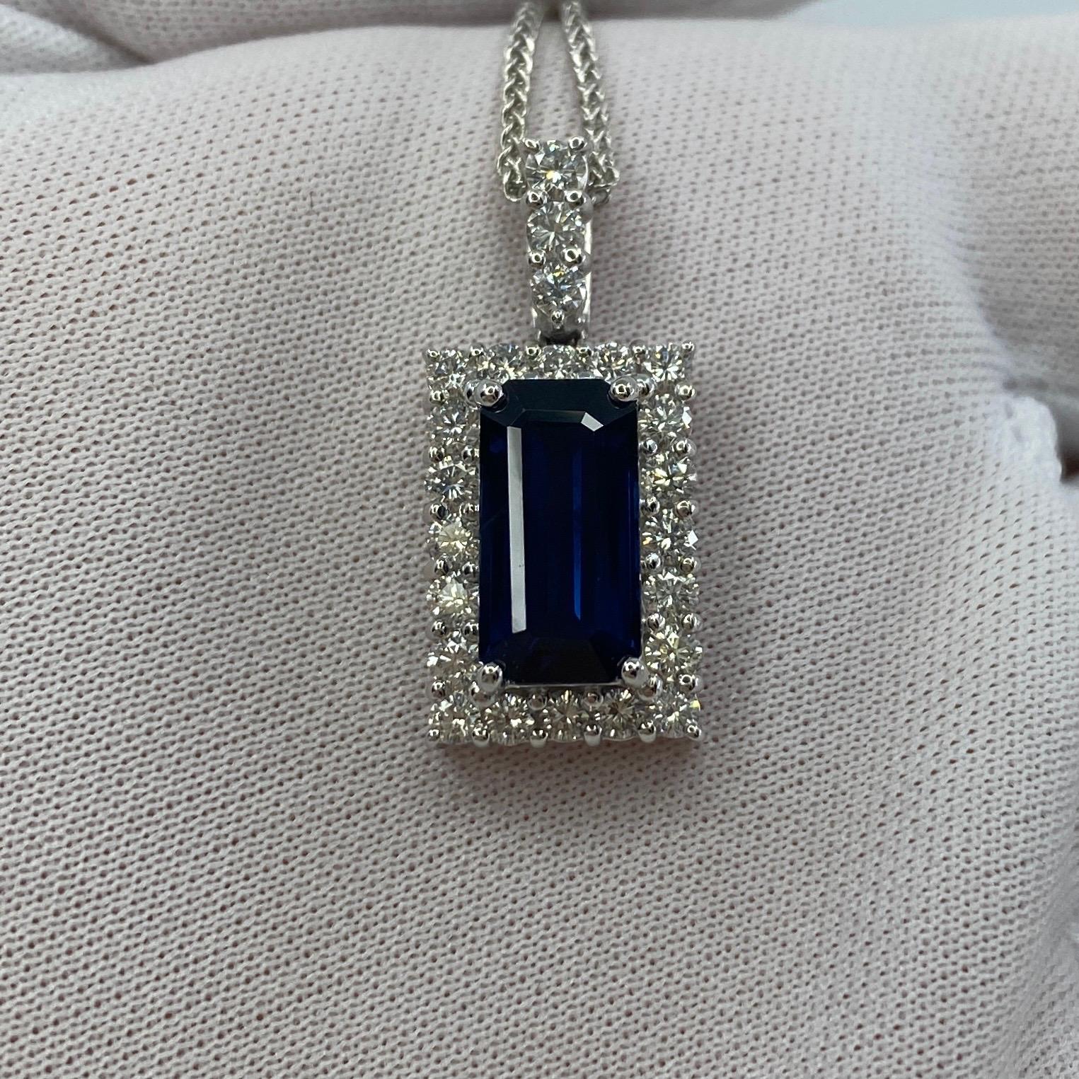 4.65ct Fine Royal Blue Emerald Cut Sapphire & Diamond Rectangle Platinum Pendant For Sale 1