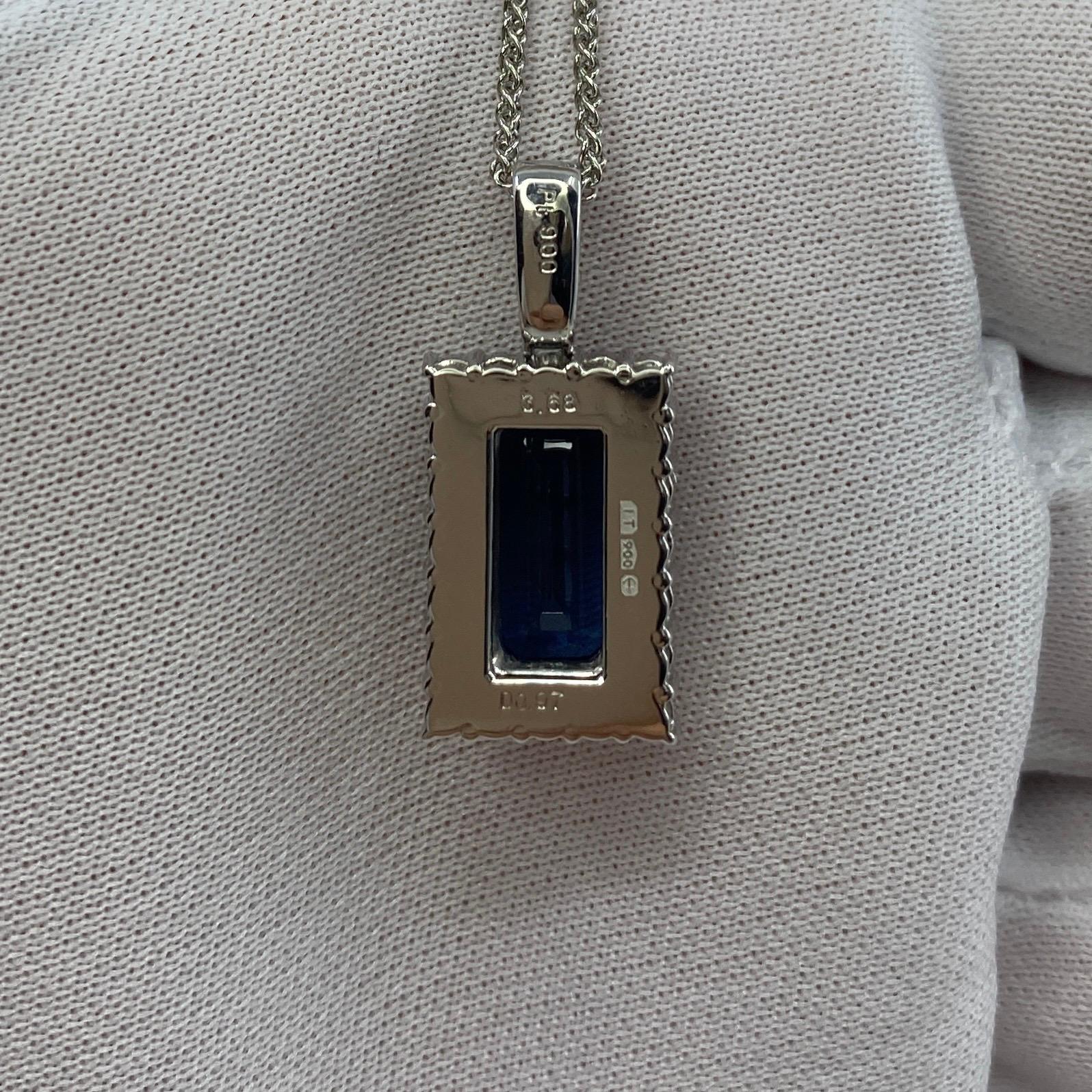 4.65ct Fine Royal Blue Emerald Cut Sapphire & Diamond Rectangle Platinum Pendant For Sale 3