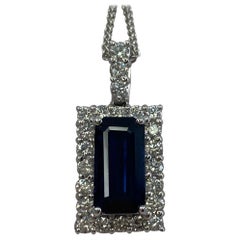 Vintage 4.65ct Fine Royal Blue Emerald Cut Sapphire & Diamond Rectangle Platinum Pendant