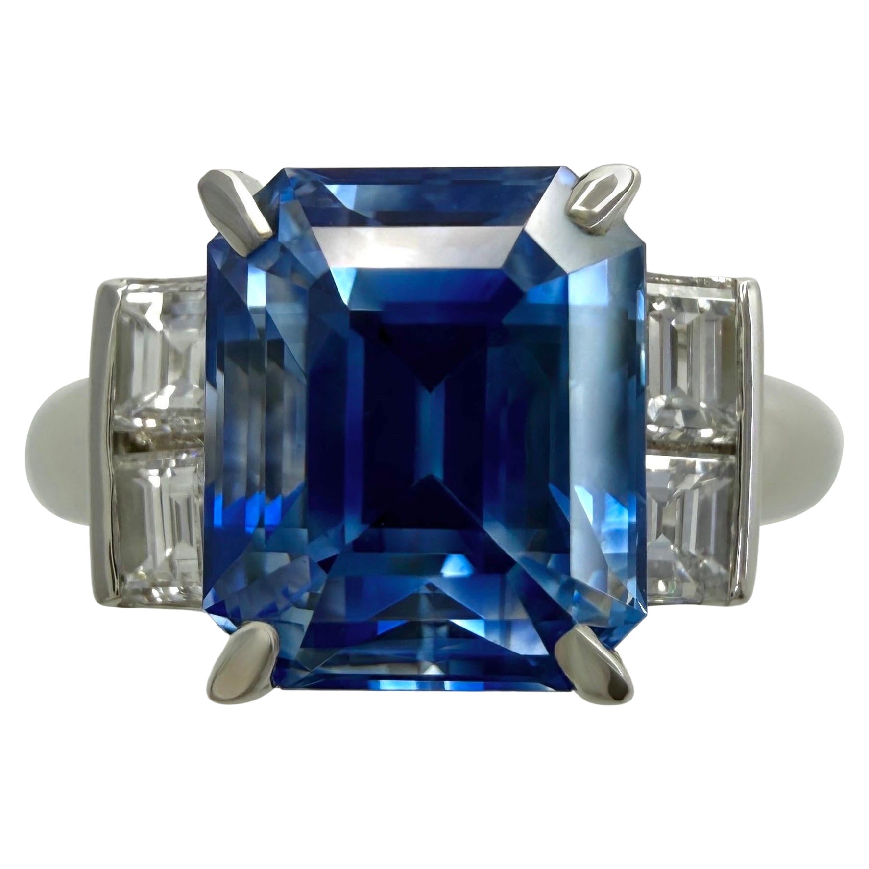 4.65ct GIA Certified Octagon Vivid Blue Ceylon Sapphire & Diamond Platinum Ring For Sale