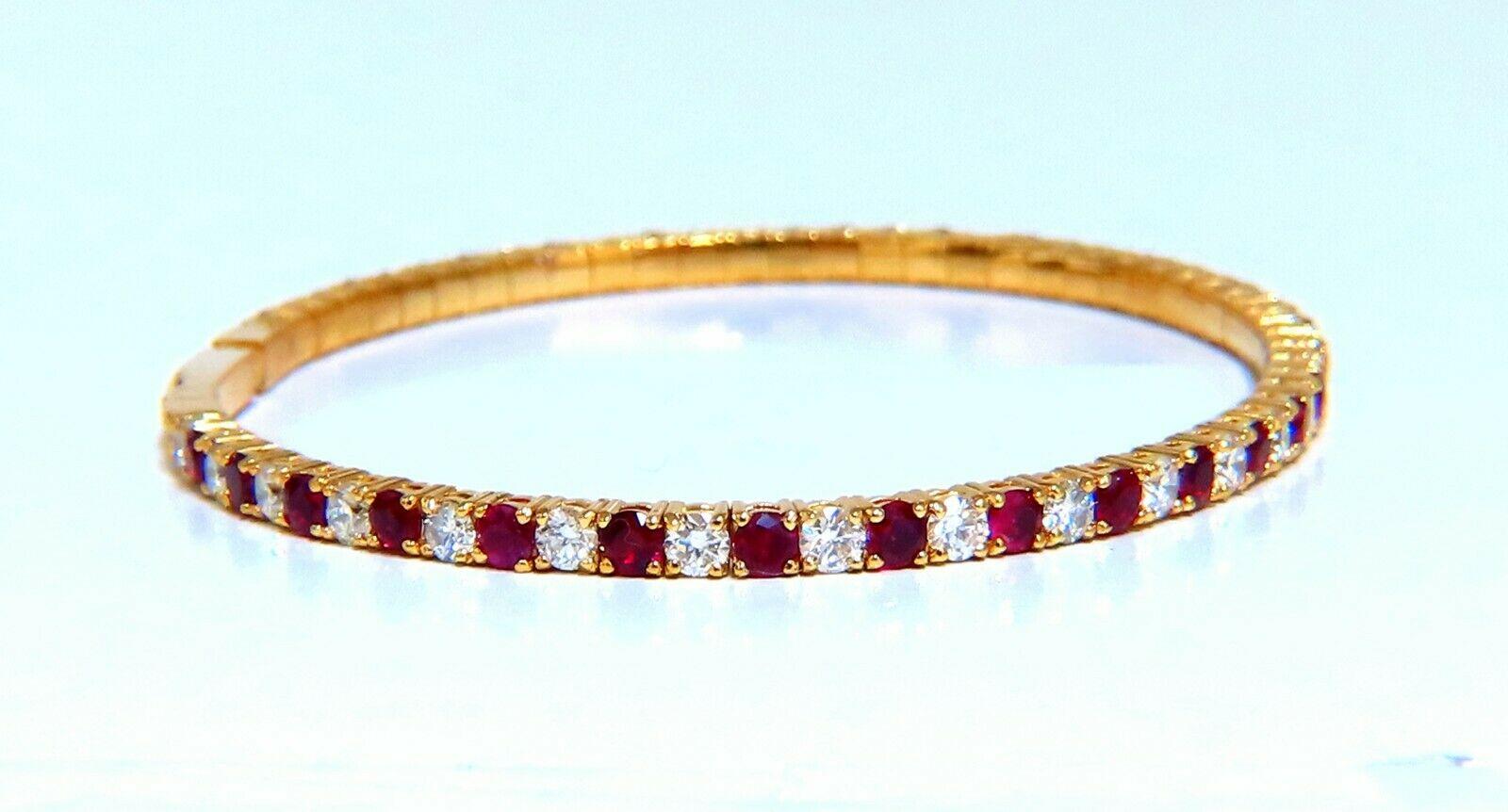 Ruby & Classic Alternating Tennis Flexible Bangle

2.50ct. Natural ruby bracelet.

Rounds, full cuts 

Clean clarity

Transparent & Vivid Reds.

Average 2.6mm each

2.15ct Natural Diamonds

Rounds & full cuts

Vs-s clarity G-color

14kt. yellow gold