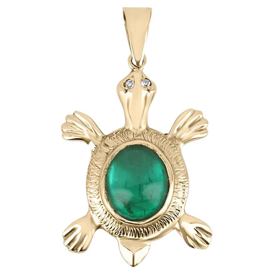 4.65tcw 14K Colombian Emerald Cabochon Cut & Diamond Accent Gold Turtle Pendant
