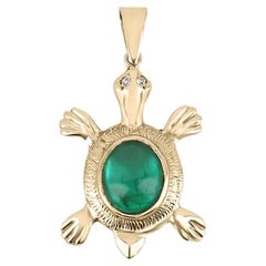 4.65tcw 14K Colombian Emerald Cabochon Cut & Diamond Accent Gold Turtle Pendant