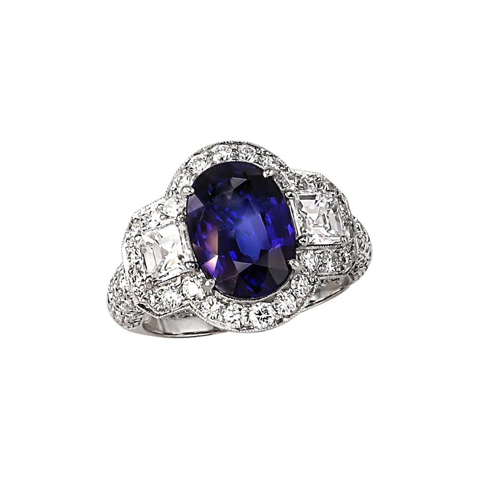 4.66 Carat Blue Sapphire Diamond Ring For Sale