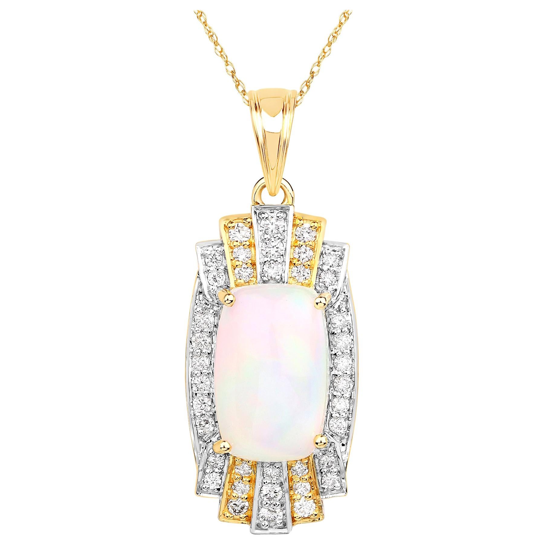 4.66 Carat Genuine Ethiopian Opal and White Diamond 14 Karat Yellow Gold Pendant For Sale