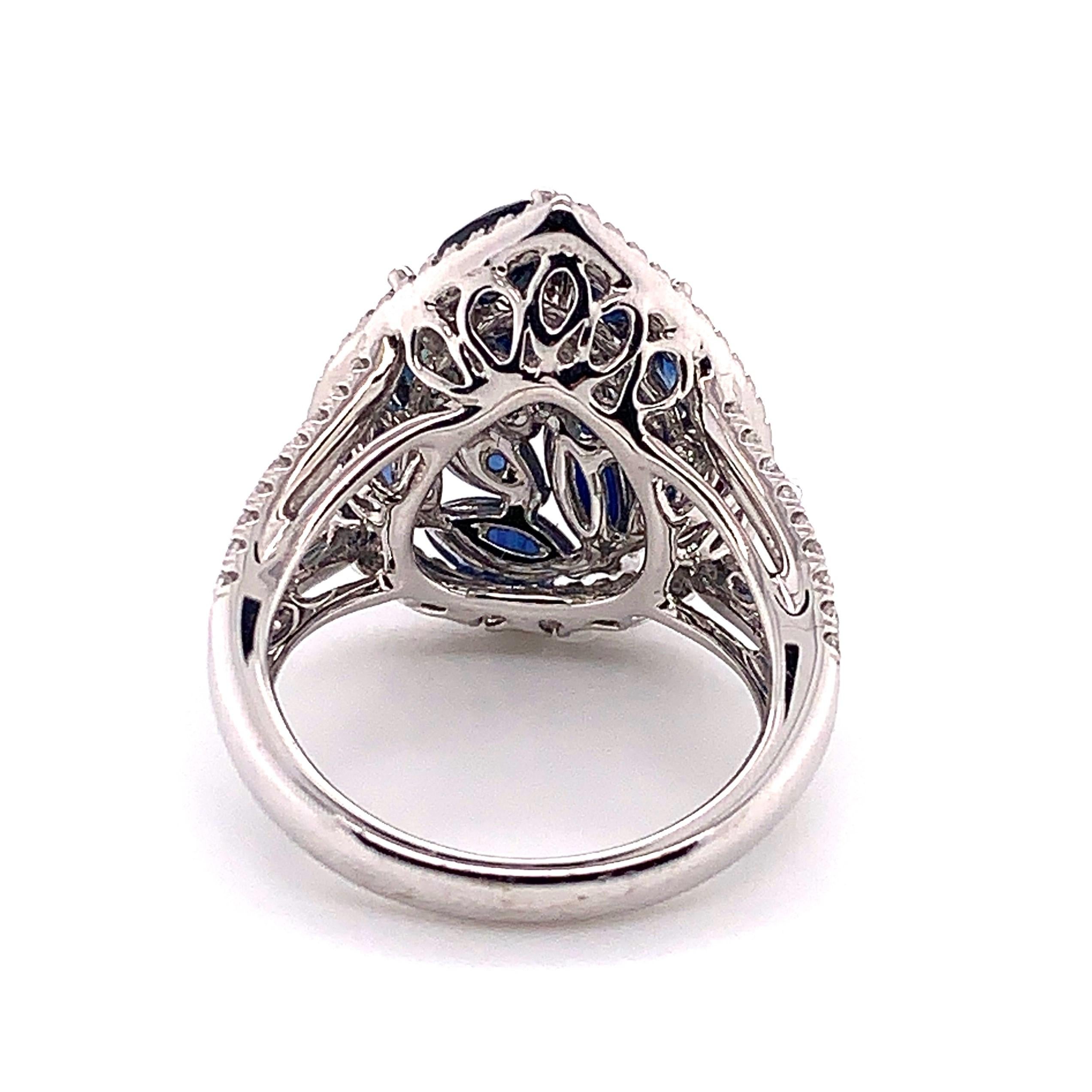 Women's or Men's 4.66 Carat Marquise Cut Blue Sapphire and Diamond Ring