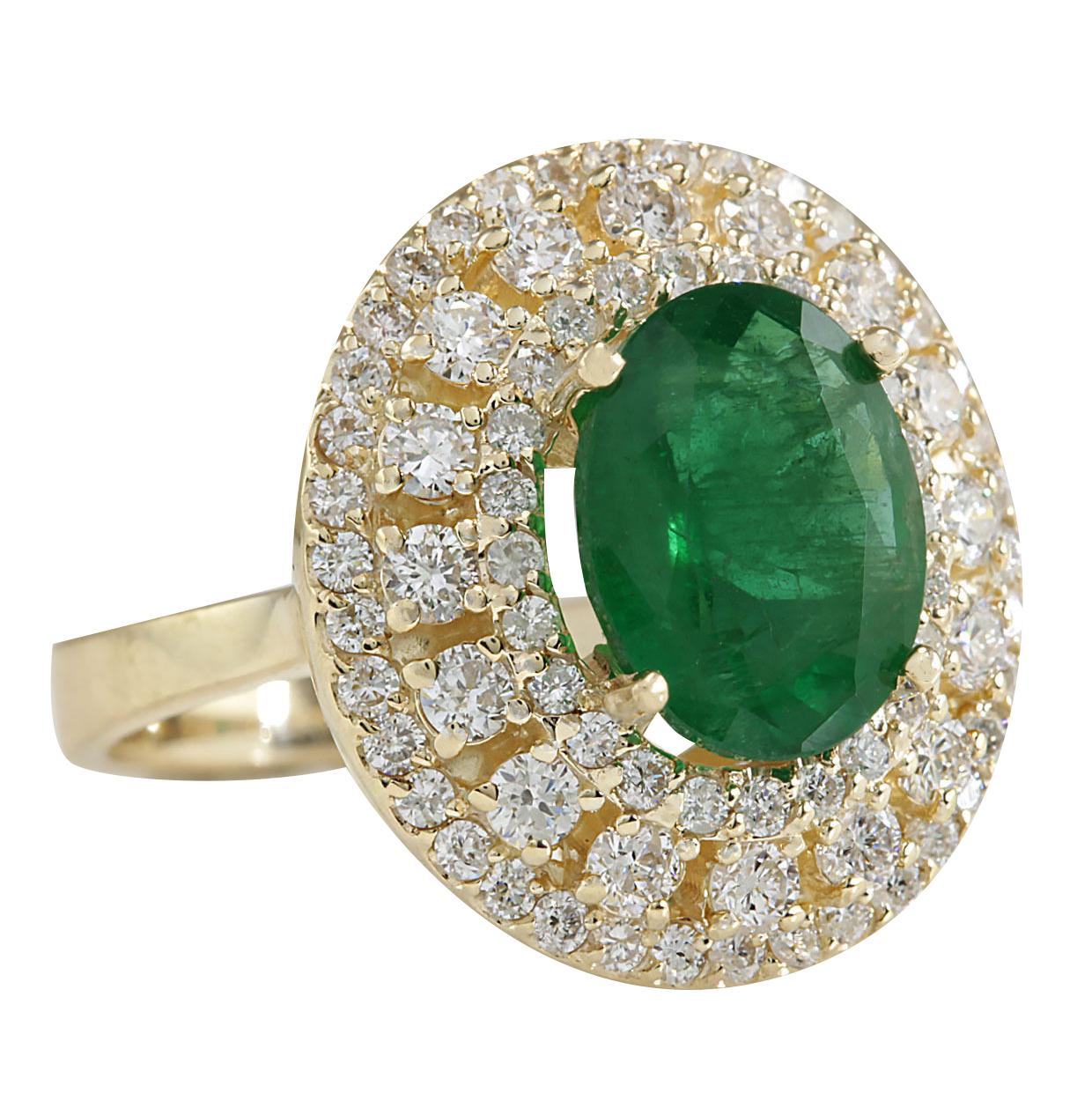 Stamped: 14K Yellow Gold
Total Ring Weight: 8.5 Grams
Total Natural Emerald Weight is 3.16 Carat (Measures: 10.00x8.00 mm)
Color: Green
Total Natural Diamond Weight is 1.50 Carat
Color: F-G, Clarity: VS2-SI1
Face Measures: 19.85x17.85 mm
Sku: