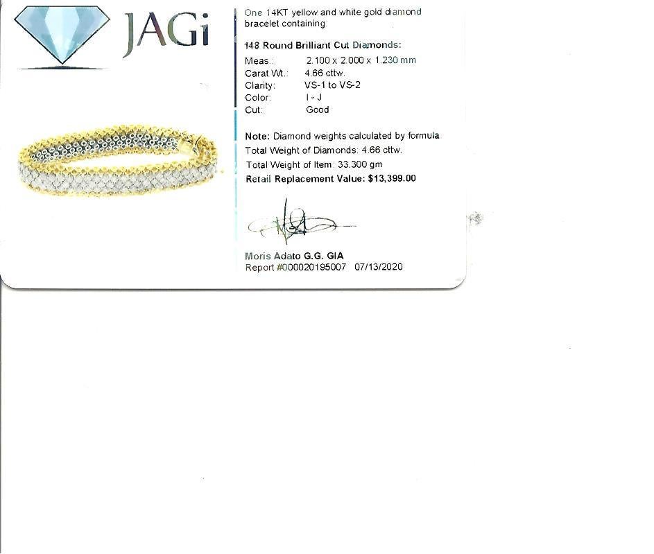 4.66 Carats Pave Diamond Flexible Mesh Bracelet 14 Karat Yellow and White Gold 4